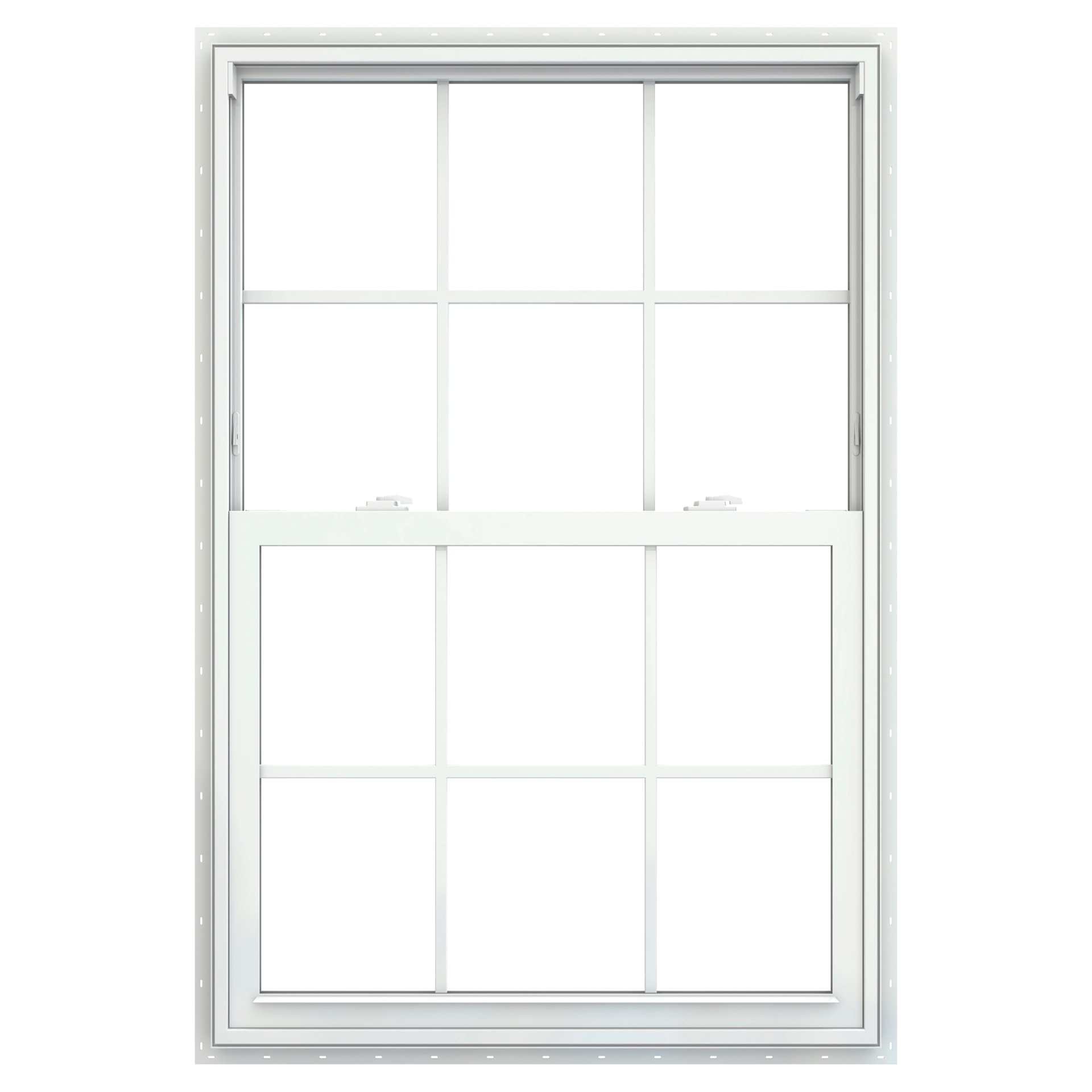 slide 2 of 6, JELD-WEN V-2500 35-1/2-in x 47-1/2-in White Exterior Vinyl New Construction Single Hung Window Low-E Double Pane Glass with Grids, (Half Screen Included), 1 ct