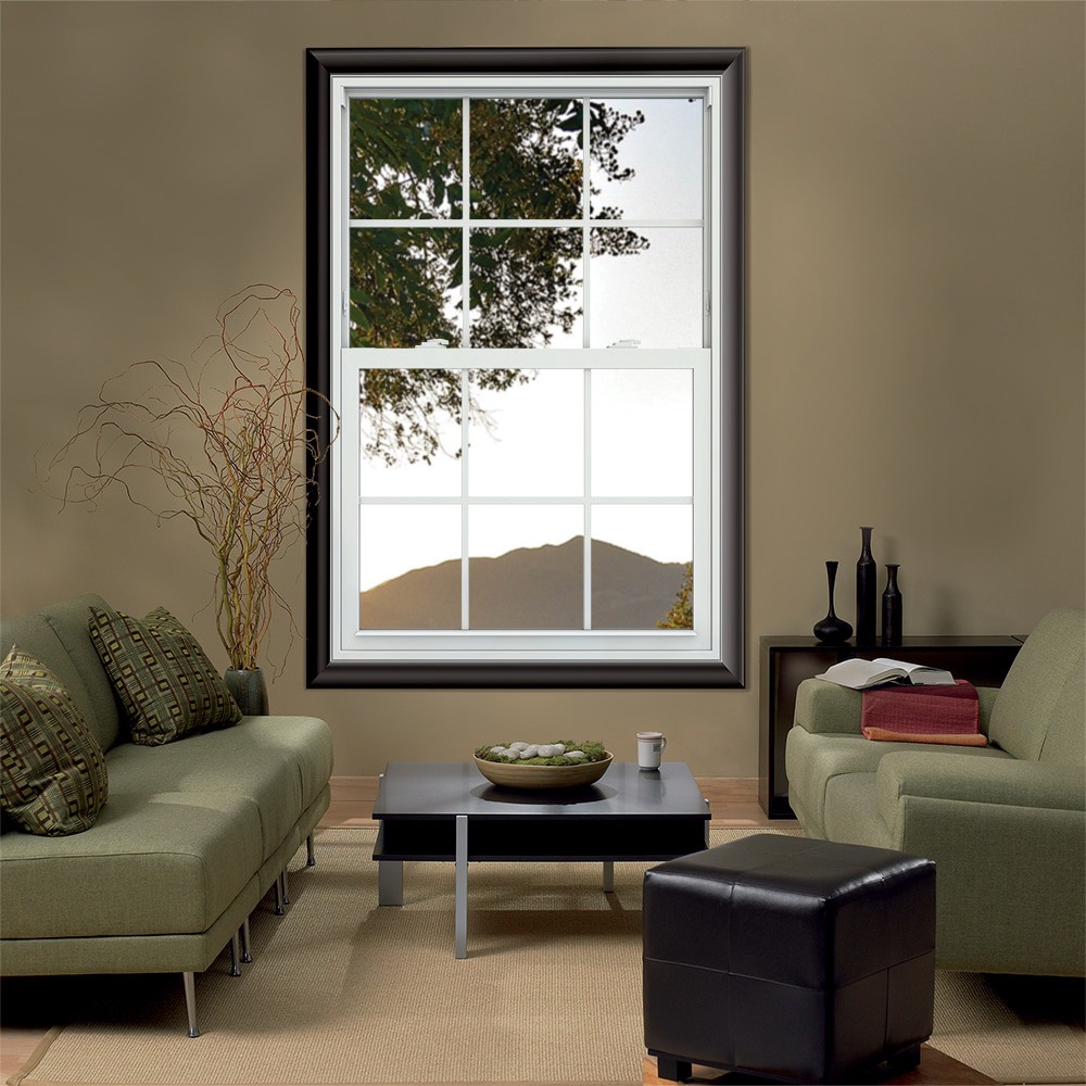 slide 4 of 6, JELD-WEN V-2500 35-1/2-in x 47-1/2-in White Exterior Vinyl New Construction Single Hung Window Low-E Double Pane Glass with Grids, (Half Screen Included), 1 ct