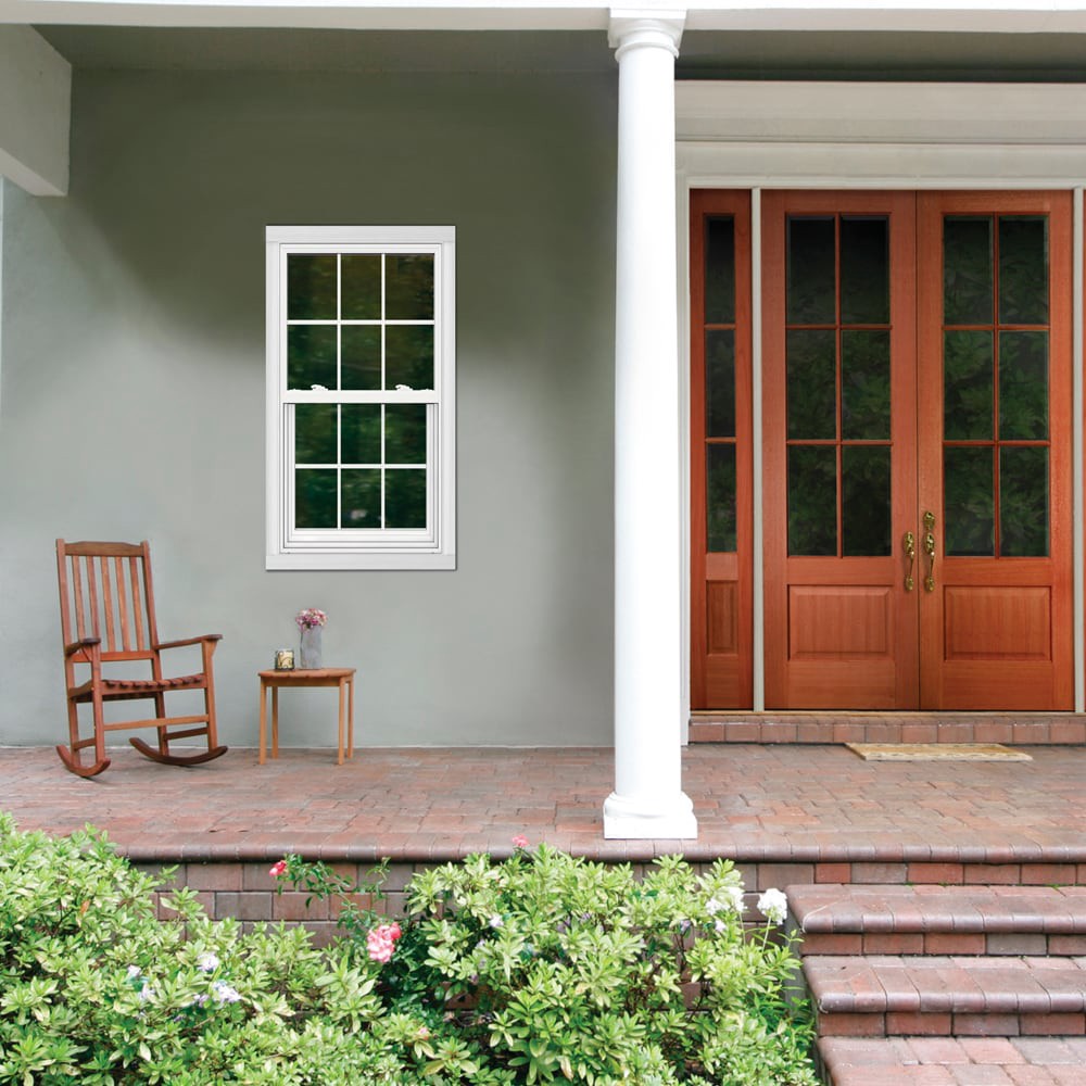 slide 3 of 6, JELD-WEN V-2500 31-1/2-in x 59-1/2-in White Exterior Vinyl New Construction Single Hung Window Low-E Double Pane Glass with Grids, (Half Screen Included), 1 ct