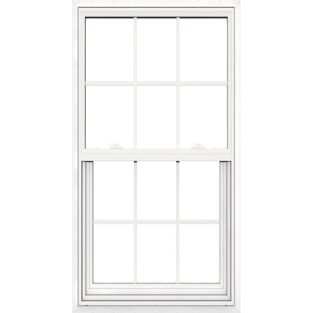 slide 1 of 6, JELD-WEN V-2500 31-1/2-in x 59-1/2-in White Exterior Vinyl New Construction Single Hung Window Low-E Double Pane Glass with Grids, (Half Screen Included), 1 ct