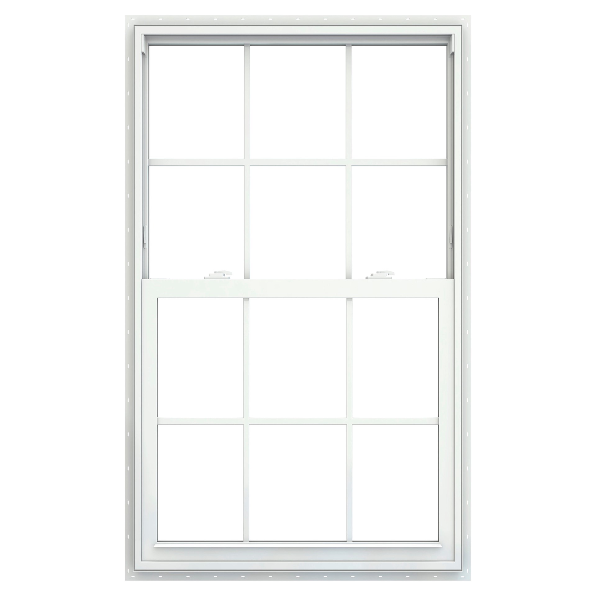 slide 2 of 6, JELD-WEN V-2500 35-1/2-in x 59-1/2-in White Exterior Vinyl New Construction Single Hung Window Low-E Double Pane Glass with Grids, (Half Screen Included), 1 ct