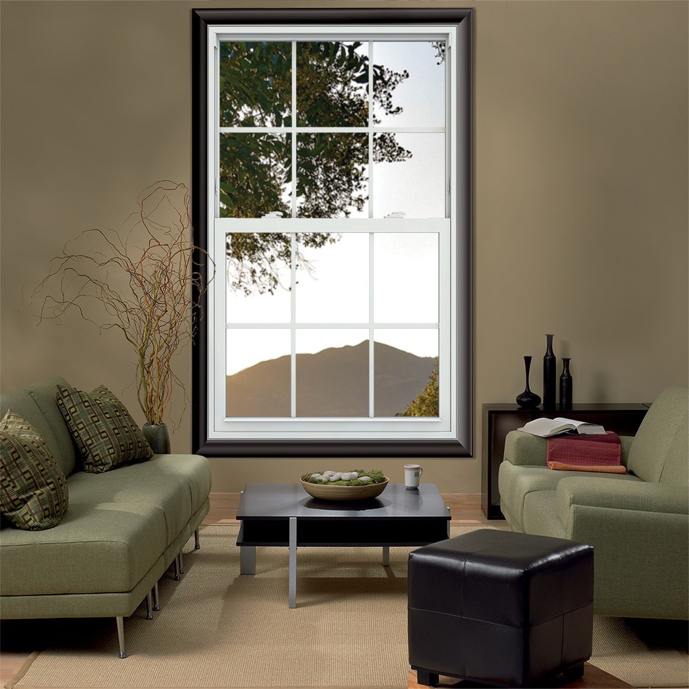 slide 4 of 6, JELD-WEN V-2500 35-1/2-in x 59-1/2-in White Exterior Vinyl New Construction Single Hung Window Low-E Double Pane Glass with Grids, (Half Screen Included), 1 ct