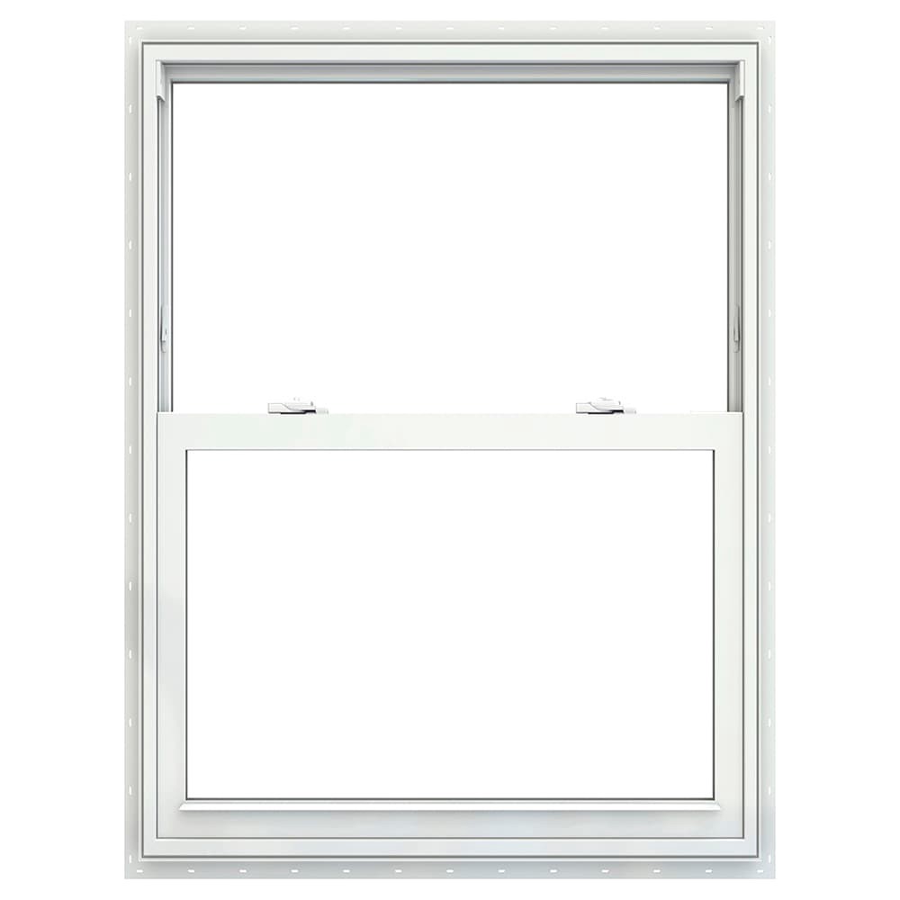 slide 2 of 6, JELD-WEN V-2500 31-1/2-in x 51-1/2-in White Exterior Vinyl New Construction Single Hung Window Low-E Double Pane Glass with Grids, (Half Screen Included), 1 ct