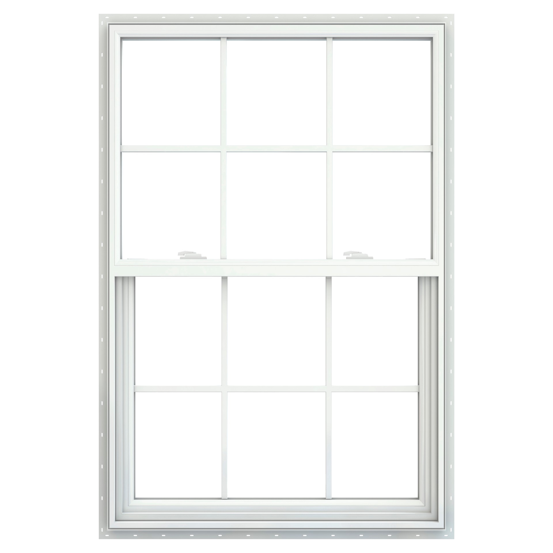 slide 1 of 6, JELD-WEN V-2500 31-1/2-in x 51-1/2-in White Exterior Vinyl New Construction Single Hung Window Low-E Double Pane Glass with Grids, (Half Screen Included), 1 ct