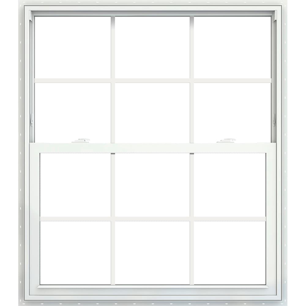 slide 2 of 6, JELD-WEN V-2500 31-1/2-in x 35-1/2-in White Exterior Vinyl New Construction Single Hung Window Low-E Double Pane Glass with Grids, (Half Screen Included), 1 ct