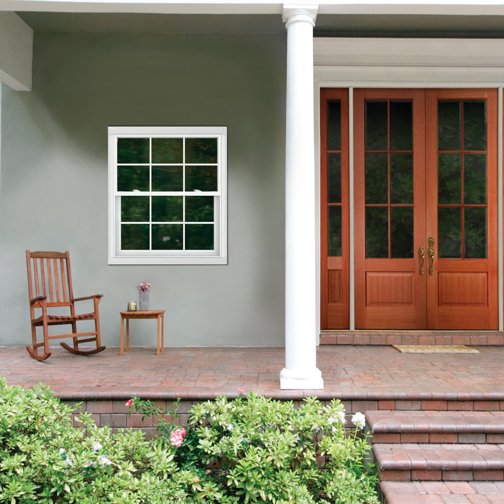 slide 3 of 6, JELD-WEN V-2500 31-1/2-in x 35-1/2-in White Exterior Vinyl New Construction Single Hung Window Low-E Double Pane Glass with Grids, (Half Screen Included), 1 ct