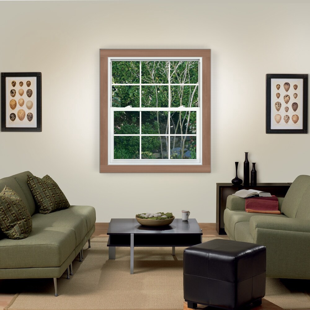 slide 4 of 6, JELD-WEN V-2500 31-1/2-in x 35-1/2-in White Exterior Vinyl New Construction Single Hung Window Low-E Double Pane Glass with Grids, (Half Screen Included), 1 ct