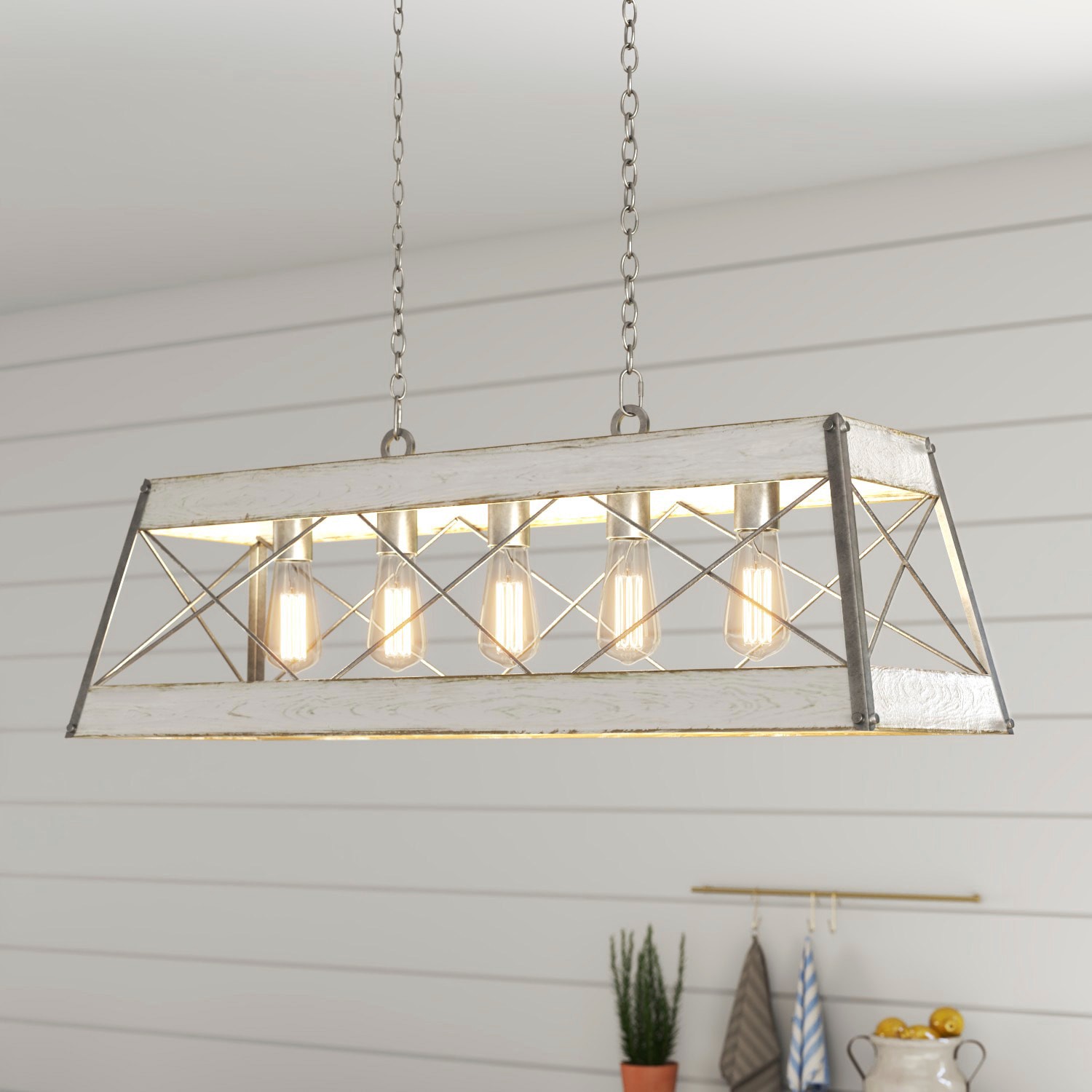 slide 2 of 6, Progress Lighting Bradberry 5 -Light Antique White with Galvanized Accents Farmhouse Linear Large Hanging Kitchen island light, 1 ct