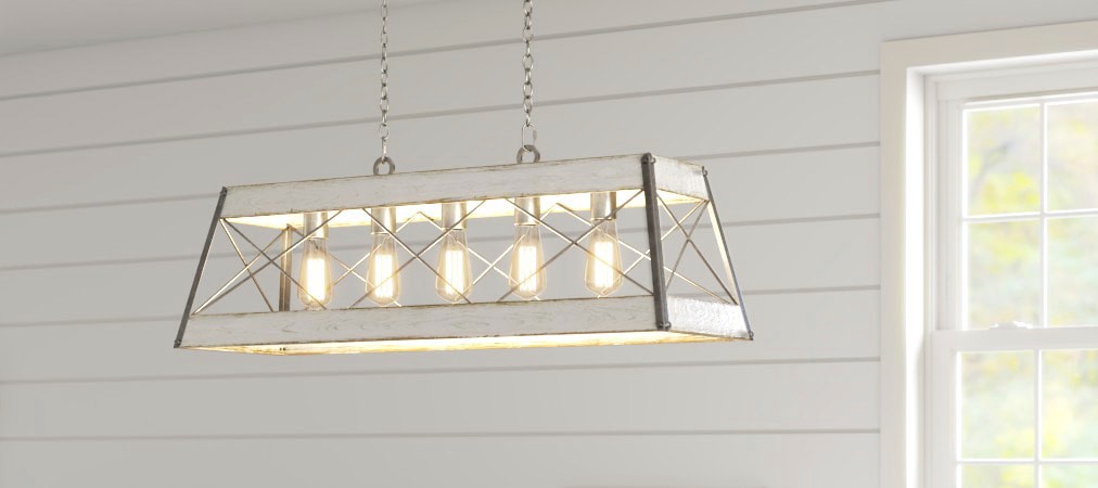 slide 4 of 6, Progress Lighting Bradberry 5 -Light Antique White with Galvanized Accents Farmhouse Linear Large Hanging Kitchen island light, 1 ct