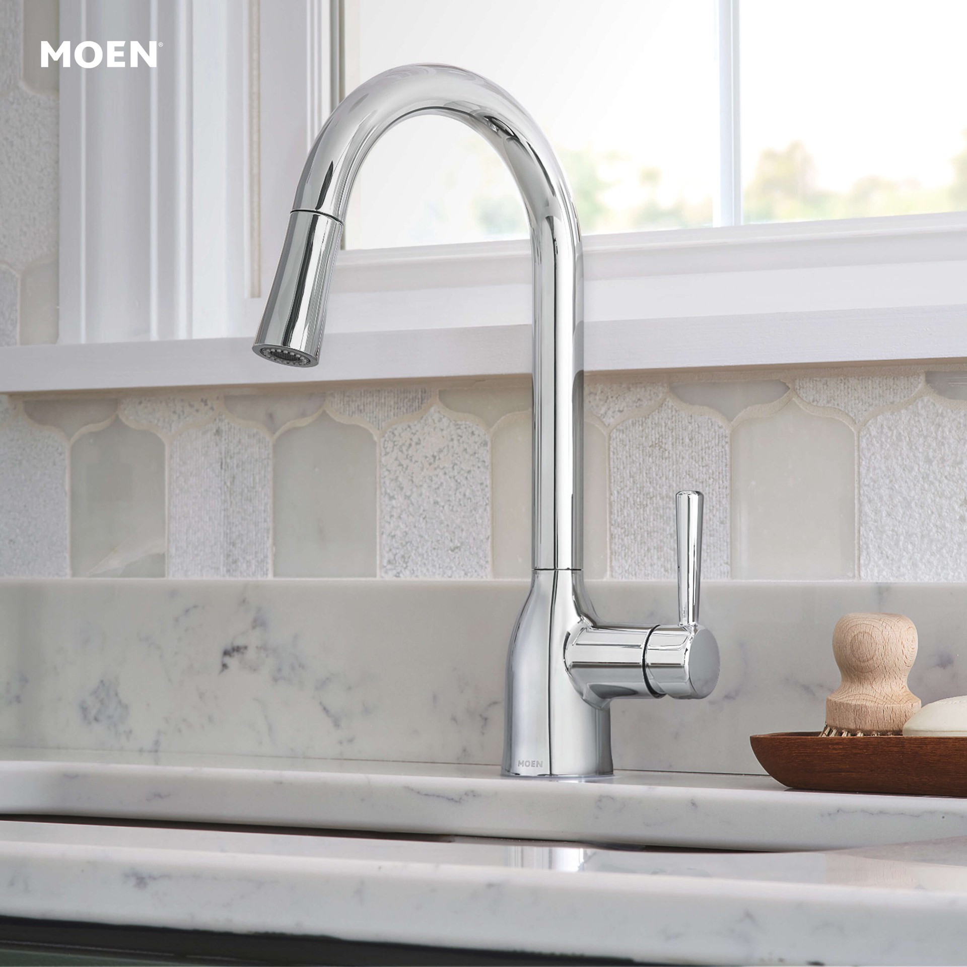 slide 3 of 6, Moen Adler Chrome Single Handle Deck-mount Pull-down Kitchen Faucet with Sprayer (Includes Deck Plate), 1 ct