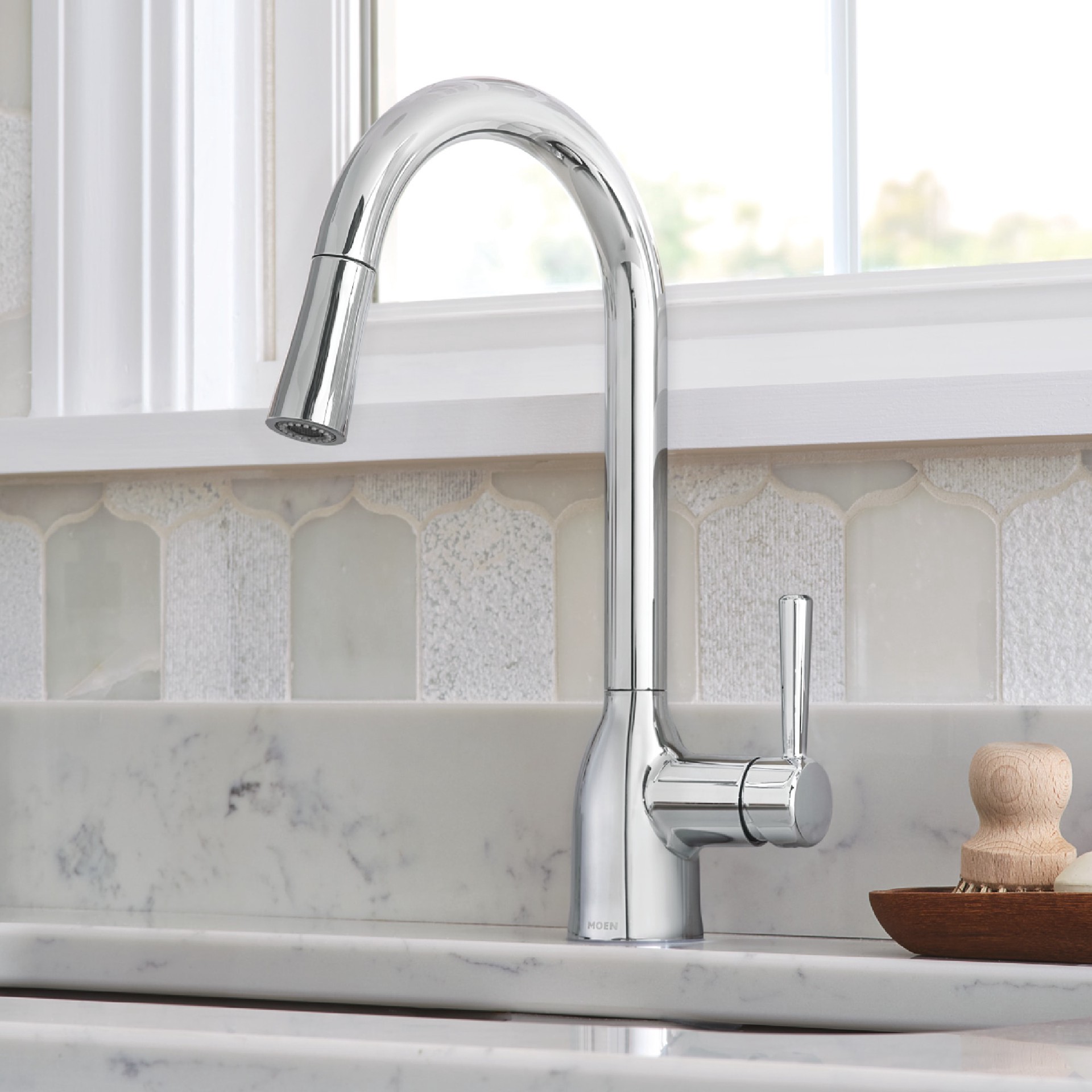 slide 1 of 6, Moen Adler Chrome Single Handle Deck-mount Pull-down Kitchen Faucet with Sprayer (Includes Deck Plate), 1 ct