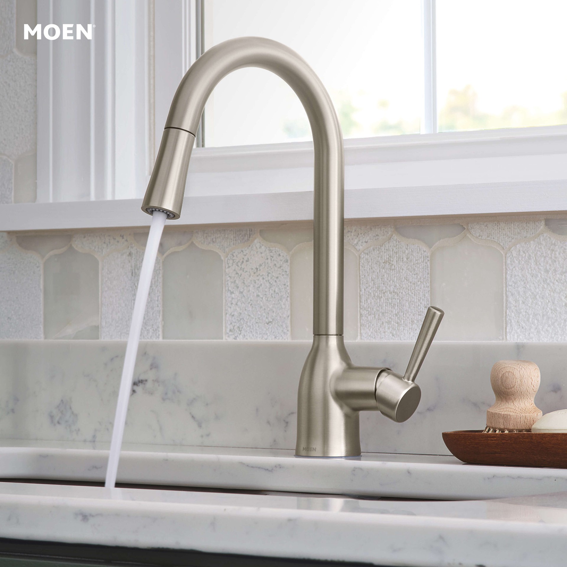 slide 4 of 6, Moen Adler Spot Resist Stainless Single Handle Deck-mount Pull-down Kitchen Faucet with Sprayer (Includes Deck Plate), 1 ct