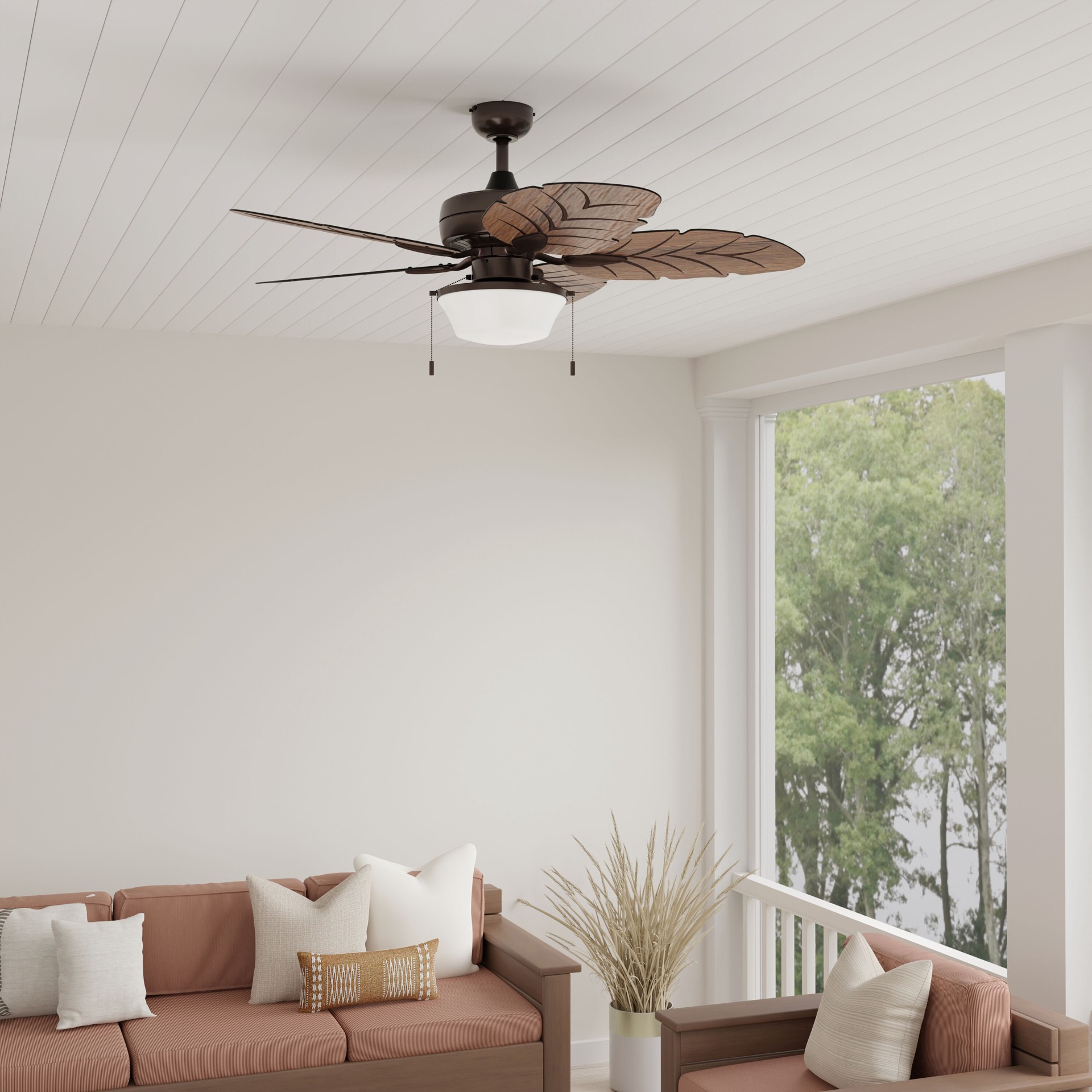 slide 4 of 6, Harbor Breeze Waveport 52-in Aged Bronze with Brown Blades Covered Outdoor Downrod or Flush Mount Ceiling Fan With Light 5 -Blade, 1 ct