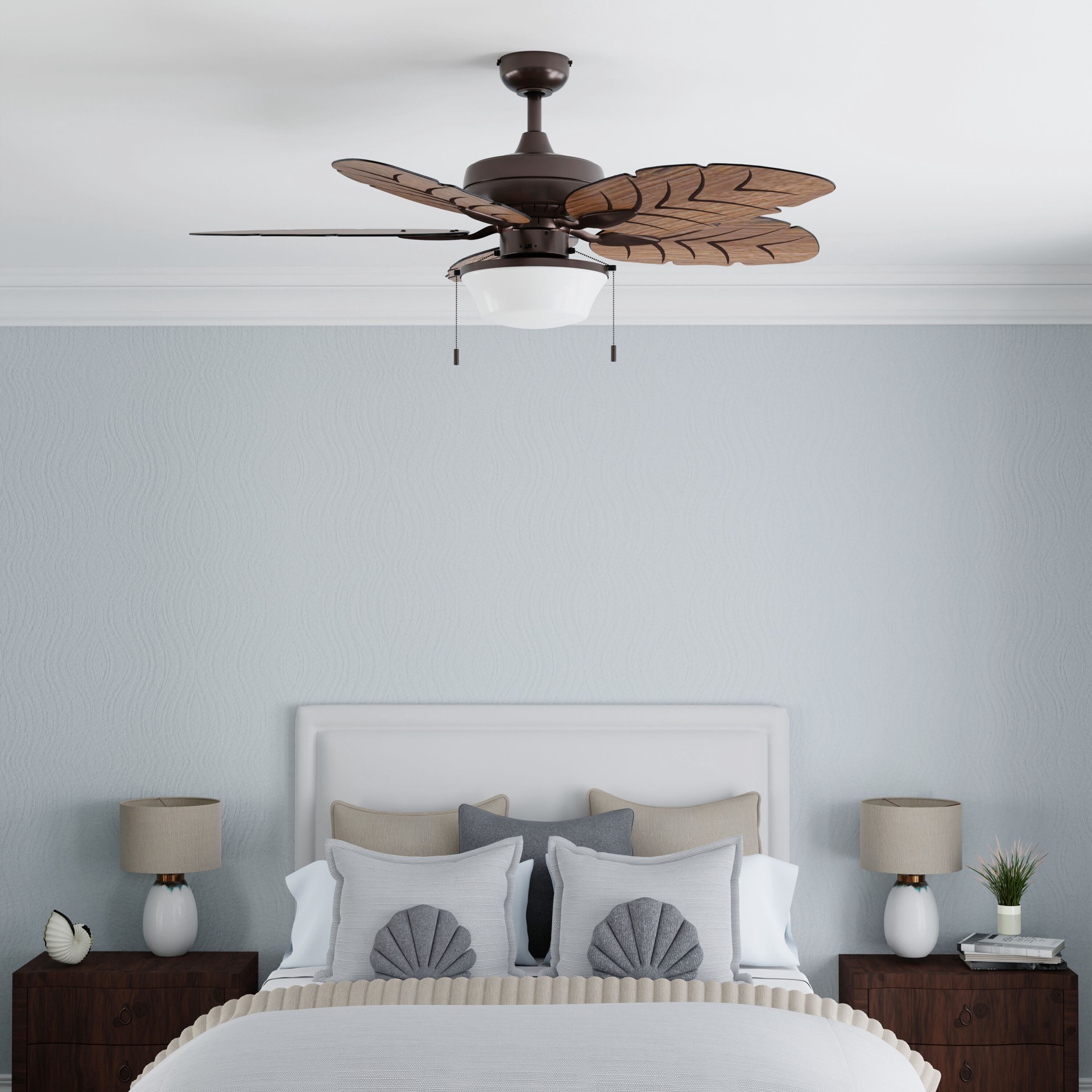 slide 5 of 6, Harbor Breeze Waveport 52-in Aged Bronze with Brown Blades Covered Outdoor Downrod or Flush Mount Ceiling Fan With Light 5 -Blade, 1 ct