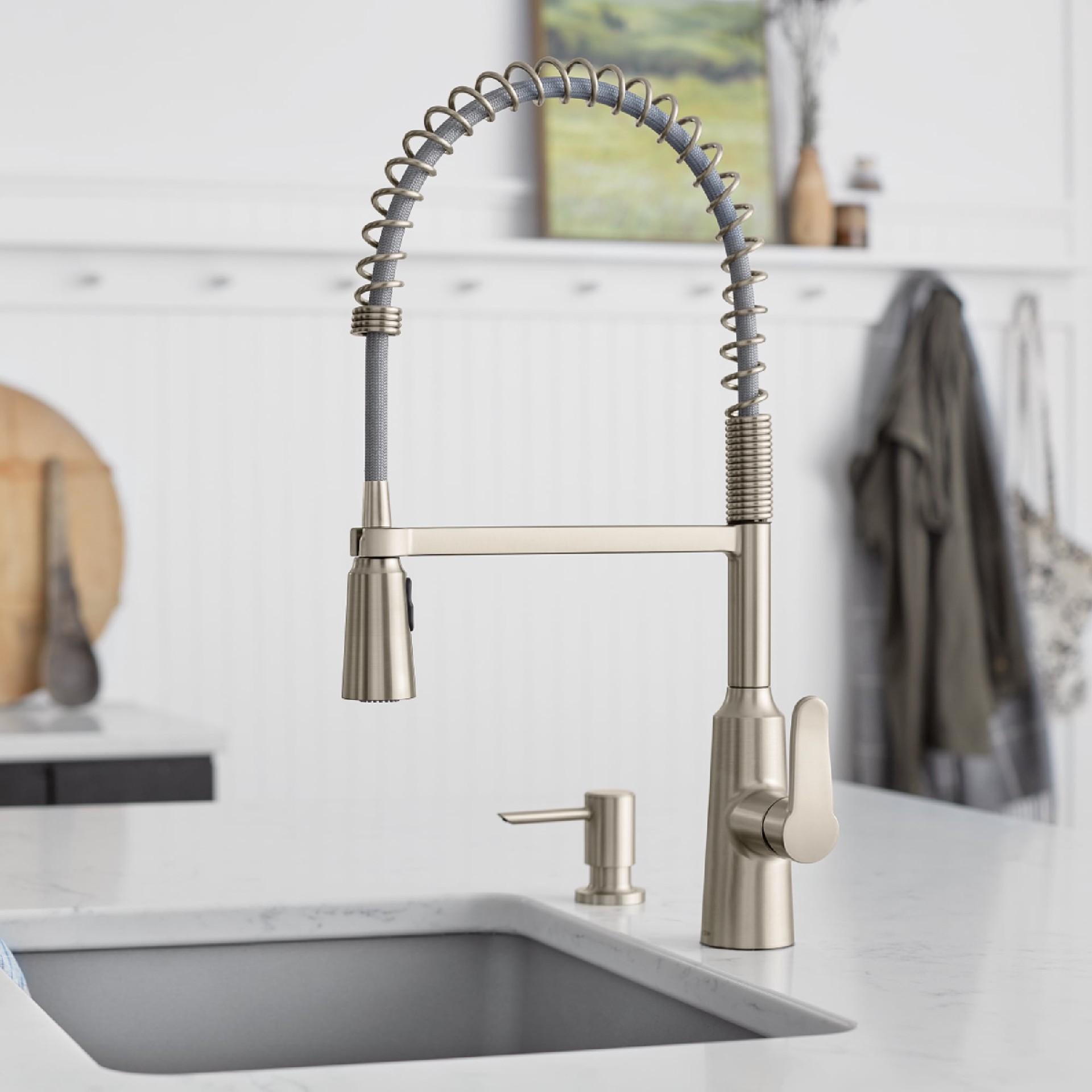 slide 1 of 6, Moen Edwyn Spot Resist Stainless Single Handle Deck-mount Pull-down Kitchen Faucet with Sprayer (Includes Deck Plate) (Includes Soap Dispenser), 1 ct