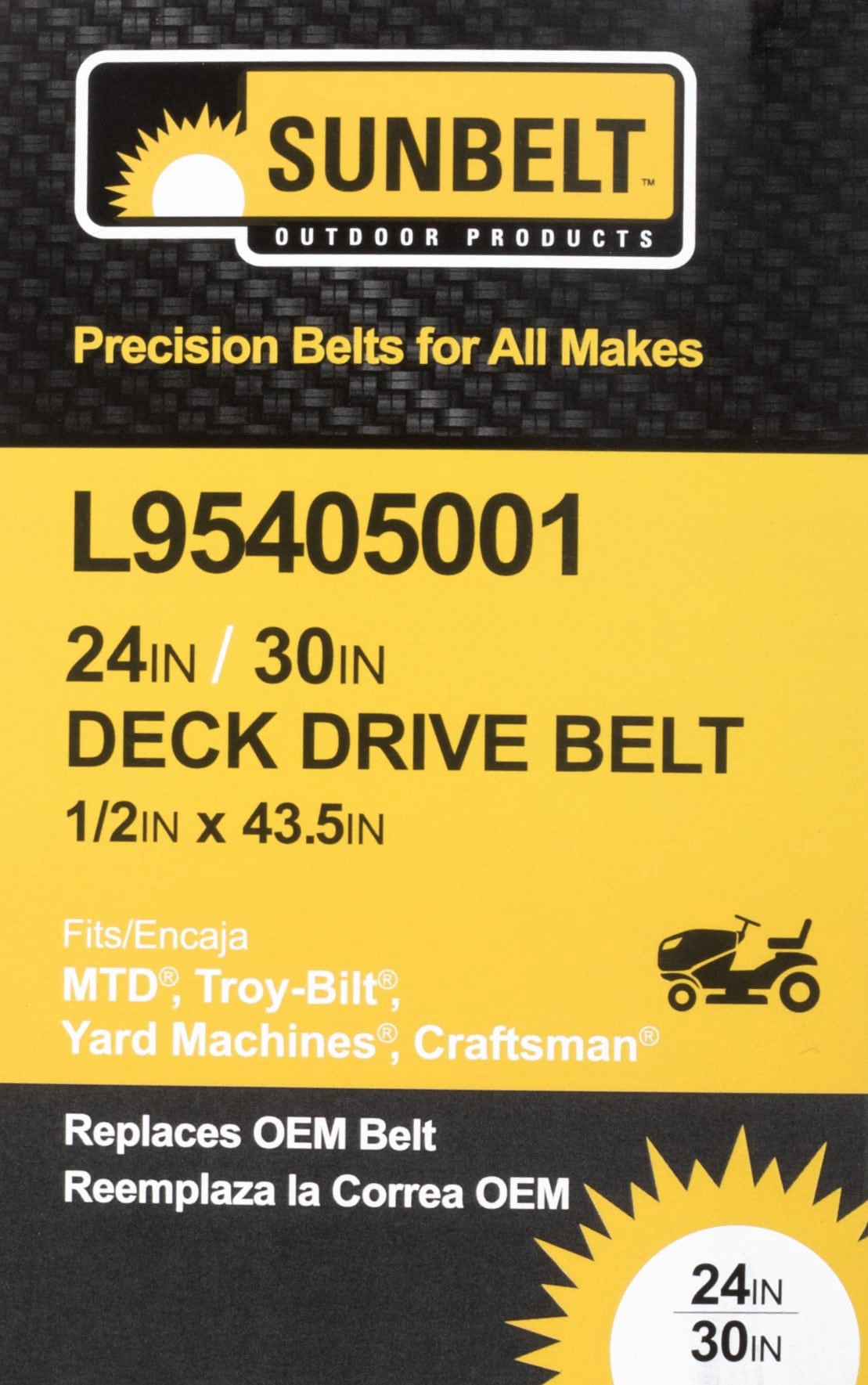 slide 5 of 6, Sunbelt 1/2-in x 43.5-in Deck/Drive Belt, for 24-in,30-in Riding Mower/Tractors, Replaces OEM Part Number 75405001, 95405001, 754-05001, 954-05002, 1 ct
