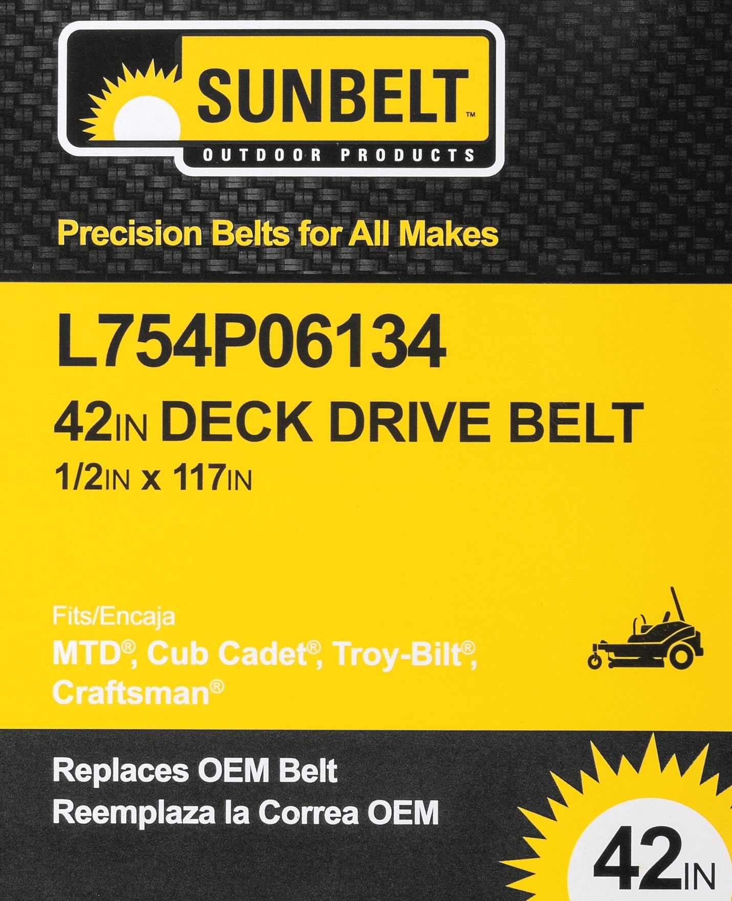 slide 5 of 6, Sunbelt 1/2-in x 117-in Deck/Drive Belt, for 42-in Zero-turn Mowers, Replaces OEM Part Number 75406143, 754p06134, 754-06143, 754-p06135, 1 ct