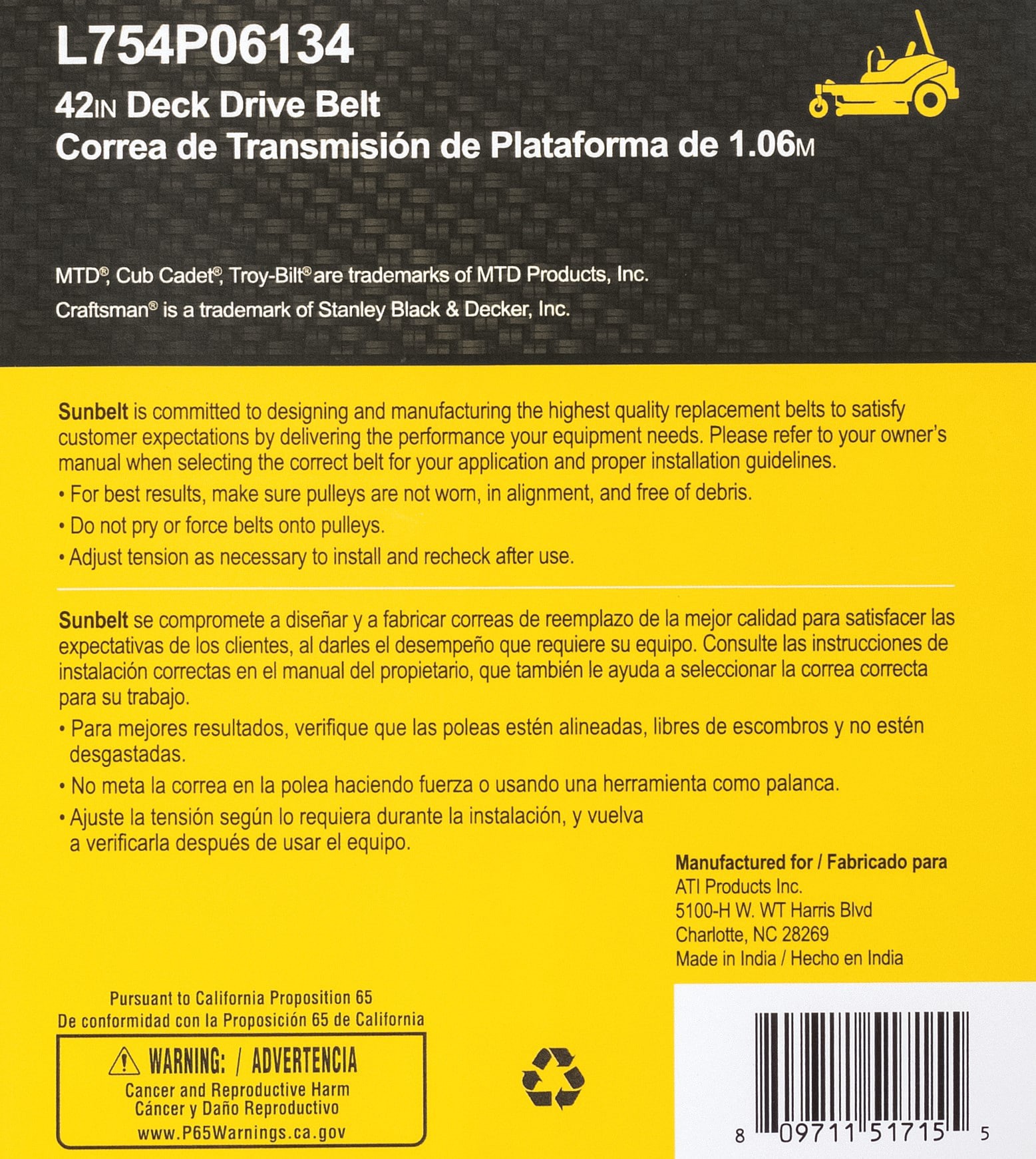 slide 6 of 6, Sunbelt 1/2-in x 117-in Deck/Drive Belt, for 42-in Zero-turn Mowers, Replaces OEM Part Number 75406143, 754p06134, 754-06143, 754-p06135, 1 ct