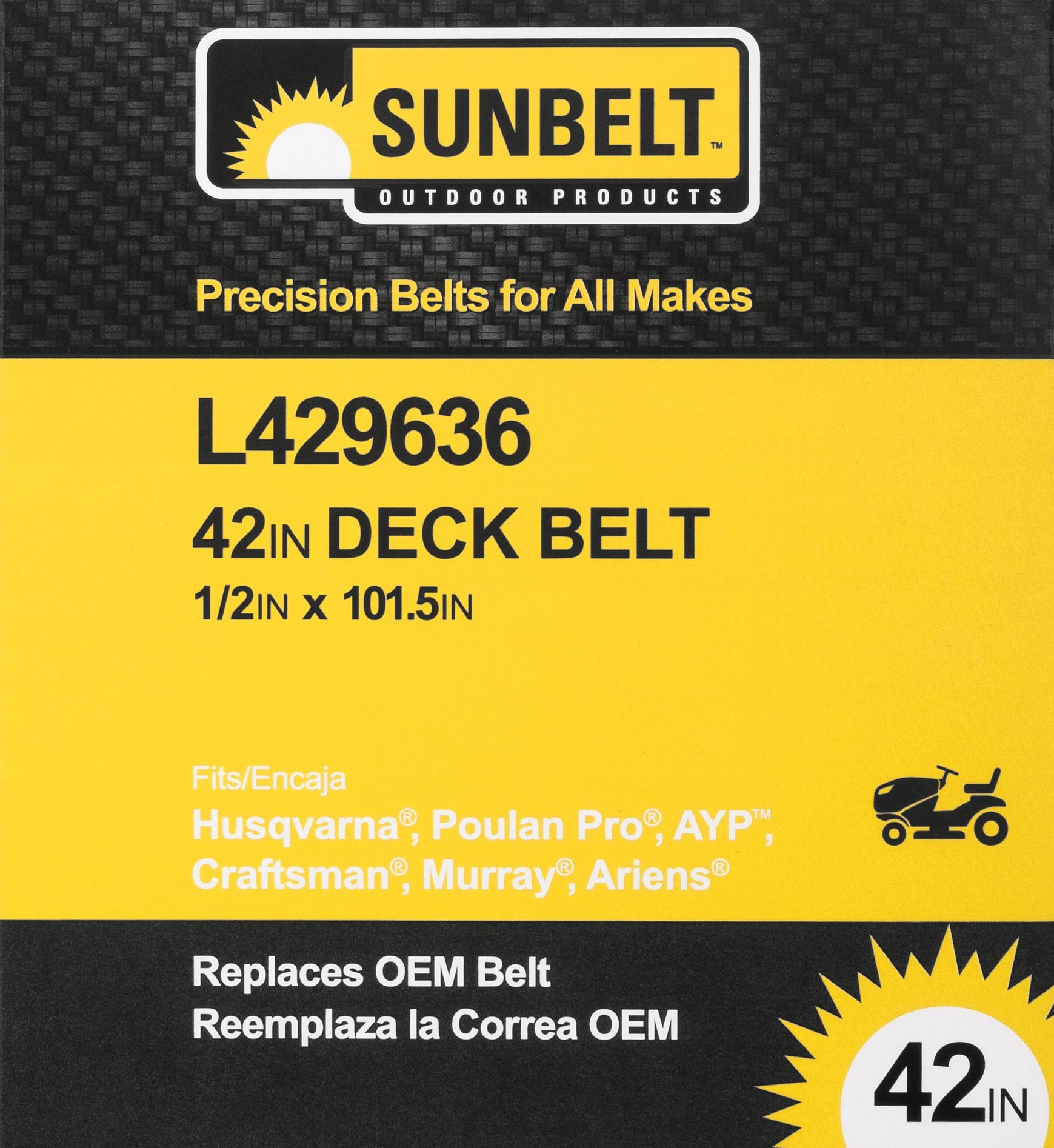 slide 5 of 6, Sunbelt 1/2-in x 101.5-in Deck Belt, for 42-in Riding Mower/Tractors, Replaces OEM Part Number 429636, 21547238, 532429636, 1 ct