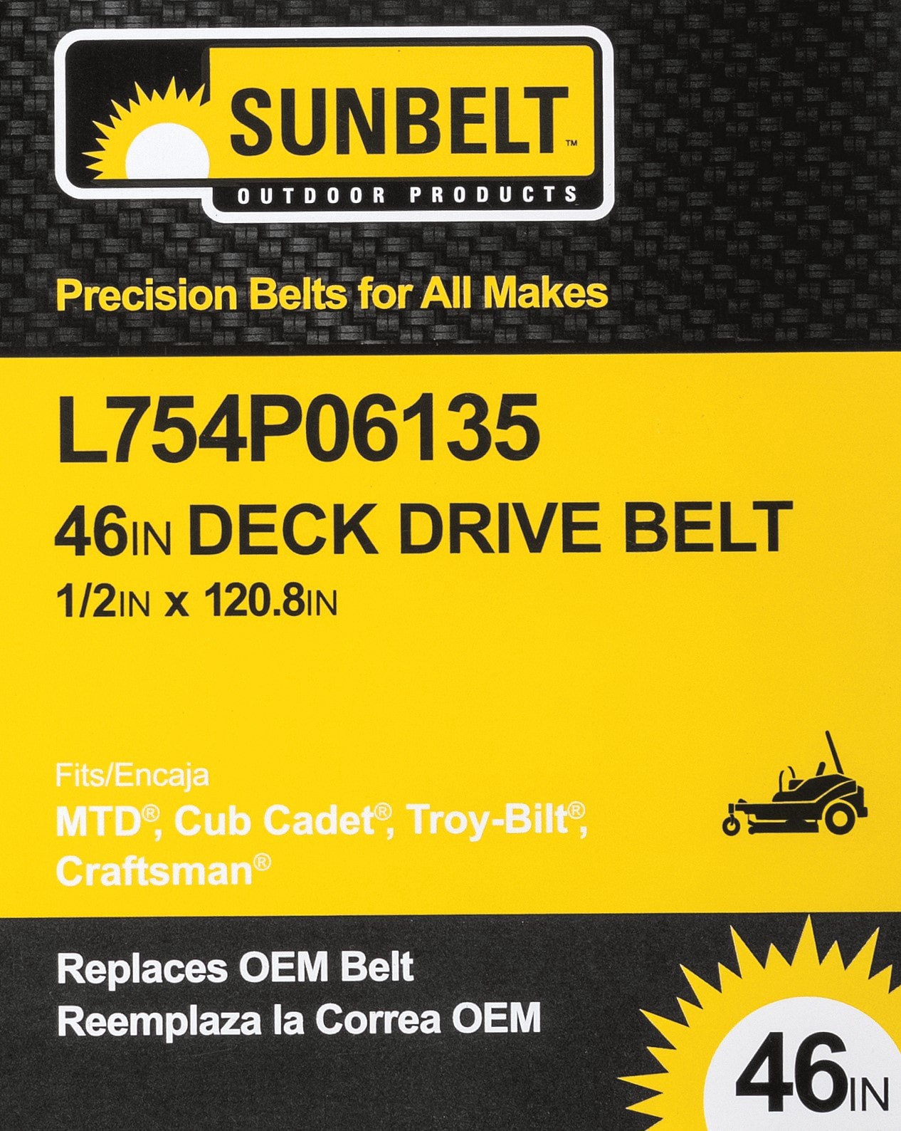 slide 5 of 6, Sunbelt 1/2-in x 120.8-in Deck/Drive Belt, for 46-in Zero-turn Mowers, Replaces OEM Part Number 75406135, 754p06135, 754-06135, 754-p06136, 1 ct
