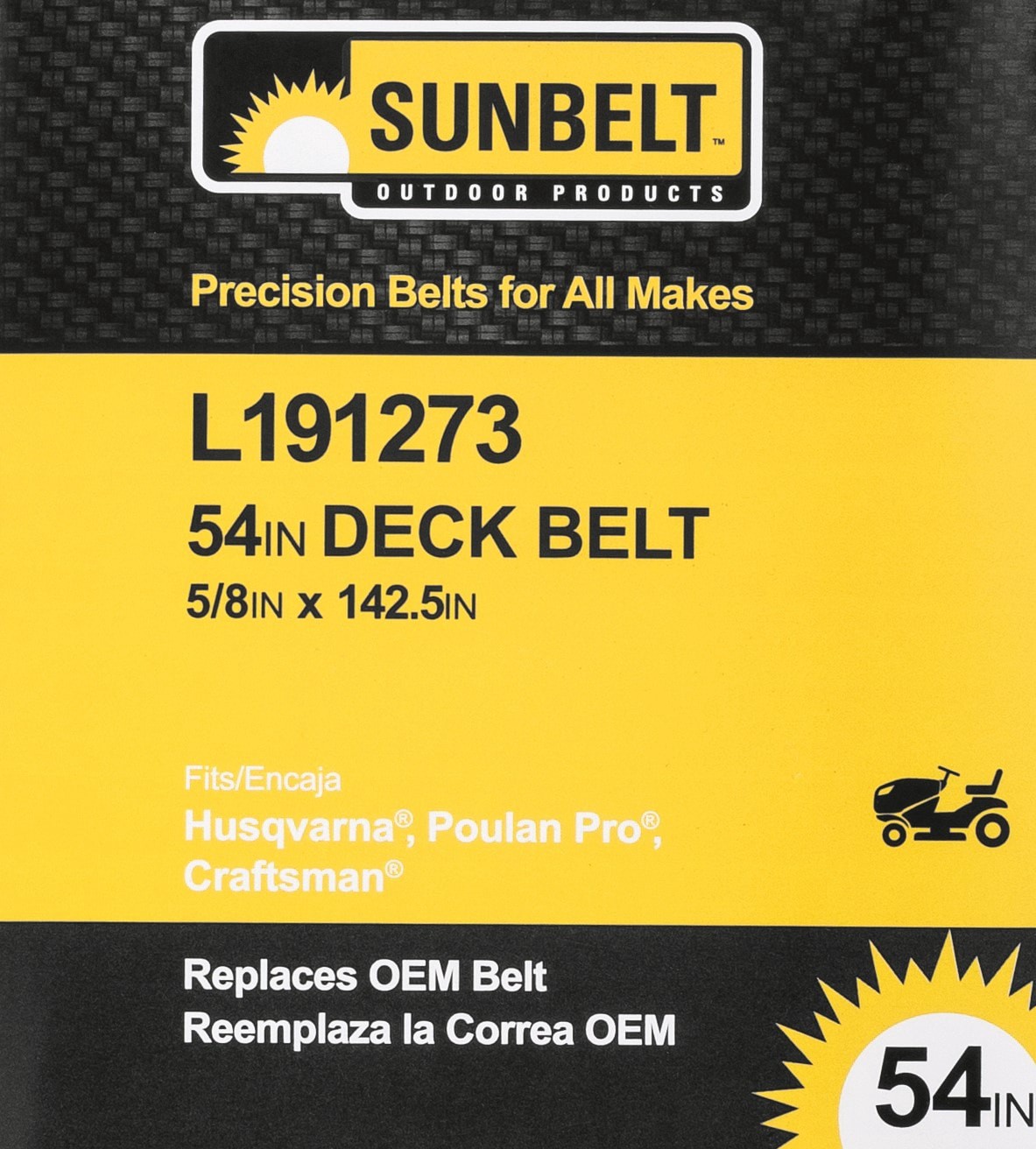 slide 5 of 6, Sunbelt 5/8-in x 142.5-in Deck Belt, for 54-in Riding Mower/Tractors, Replaces OEM Part Number 191273, 532191273, 584451901, 1 ct