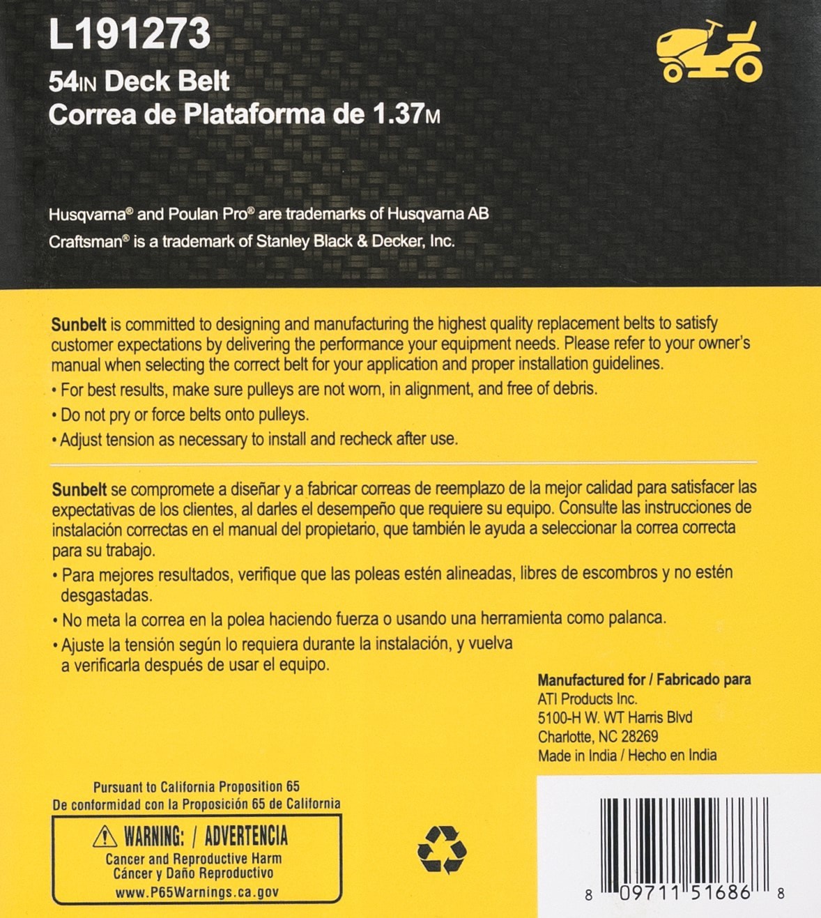slide 6 of 6, Sunbelt 5/8-in x 142.5-in Deck Belt, for 54-in Riding Mower/Tractors, Replaces OEM Part Number 191273, 532191273, 584451901, 1 ct