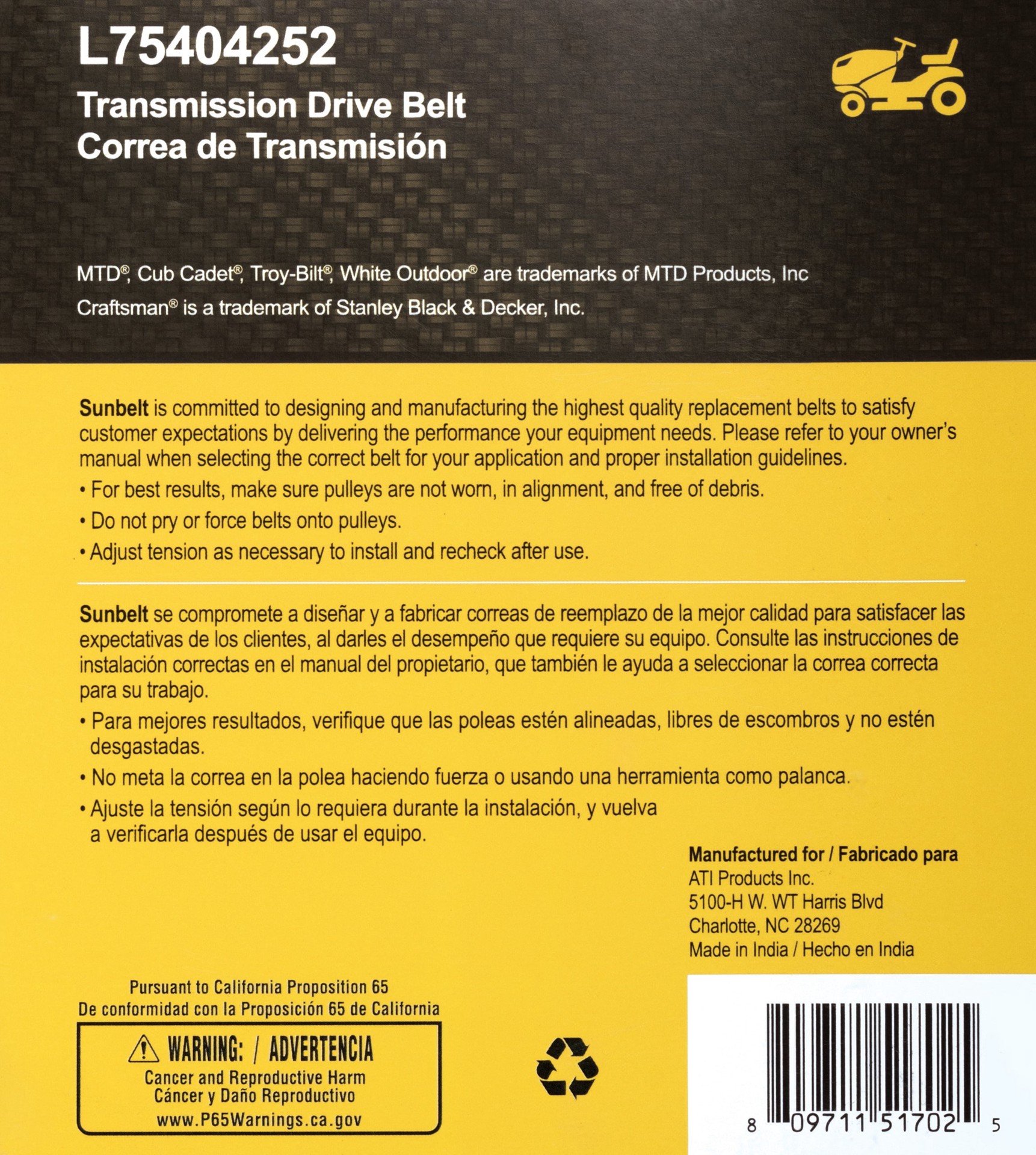 slide 6 of 6, Sunbelt 1/2-in x 84-in Transmission Drive Belt, Riding Mower/Tractors, Replaces OEM Part Number 75404252, 95404252, 754-04252, 954-04253, 1 ct