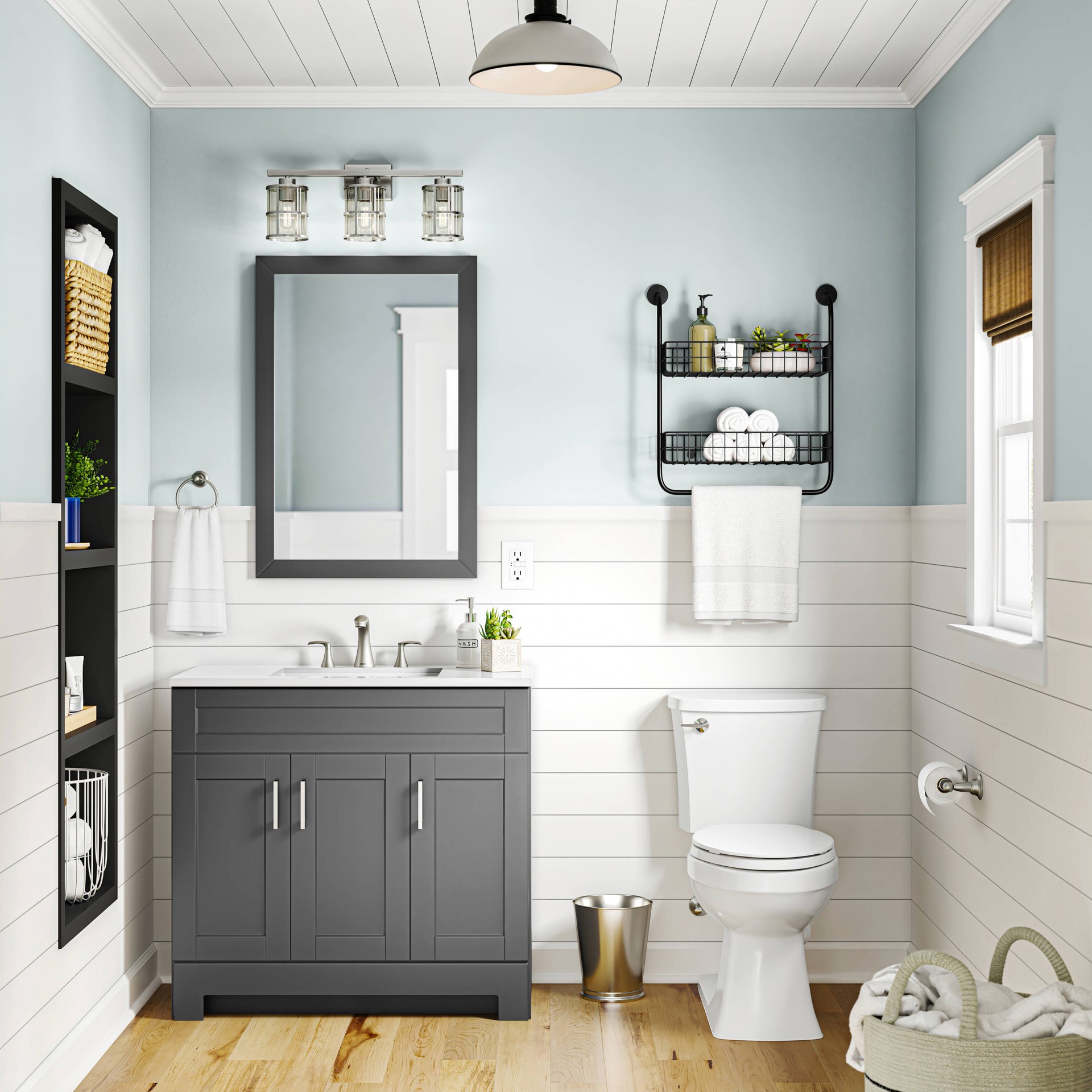 slide 3 of 6, Style Selections Black 2 -Tier Steel Wall mount Bathroom Shelf ( 18.8-in x 20.905-in x 7.835-in ), 1 ct