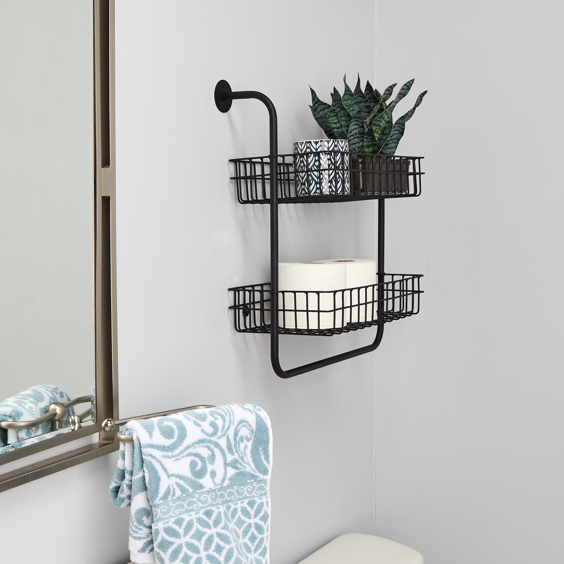 slide 5 of 6, Style Selections Black 2 -Tier Steel Wall mount Bathroom Shelf ( 18.8-in x 20.905-in x 7.835-in ), 1 ct