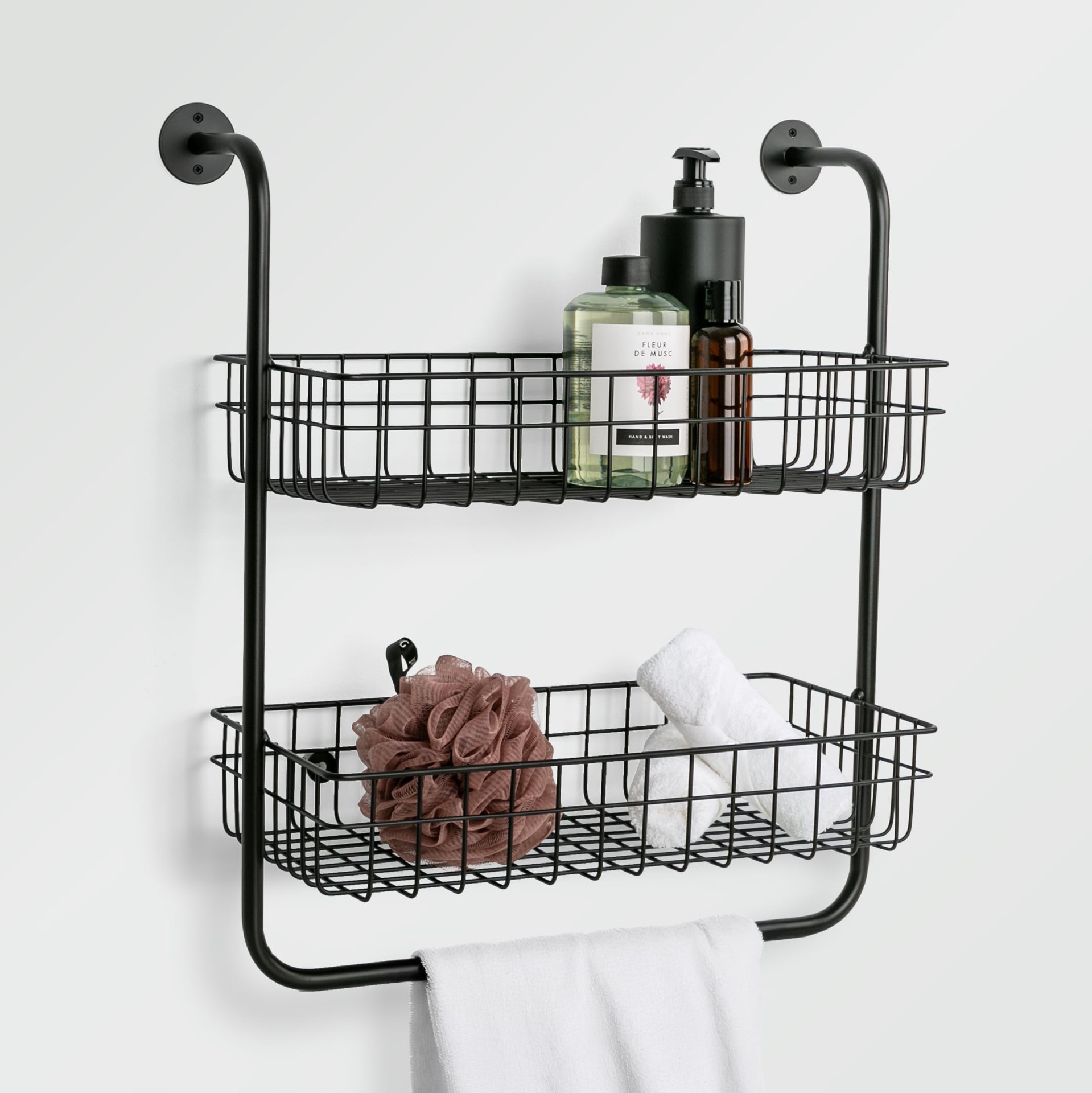 slide 6 of 6, Style Selections Black 2 -Tier Steel Wall mount Bathroom Shelf ( 18.8-in x 20.905-in x 7.835-in ), 1 ct