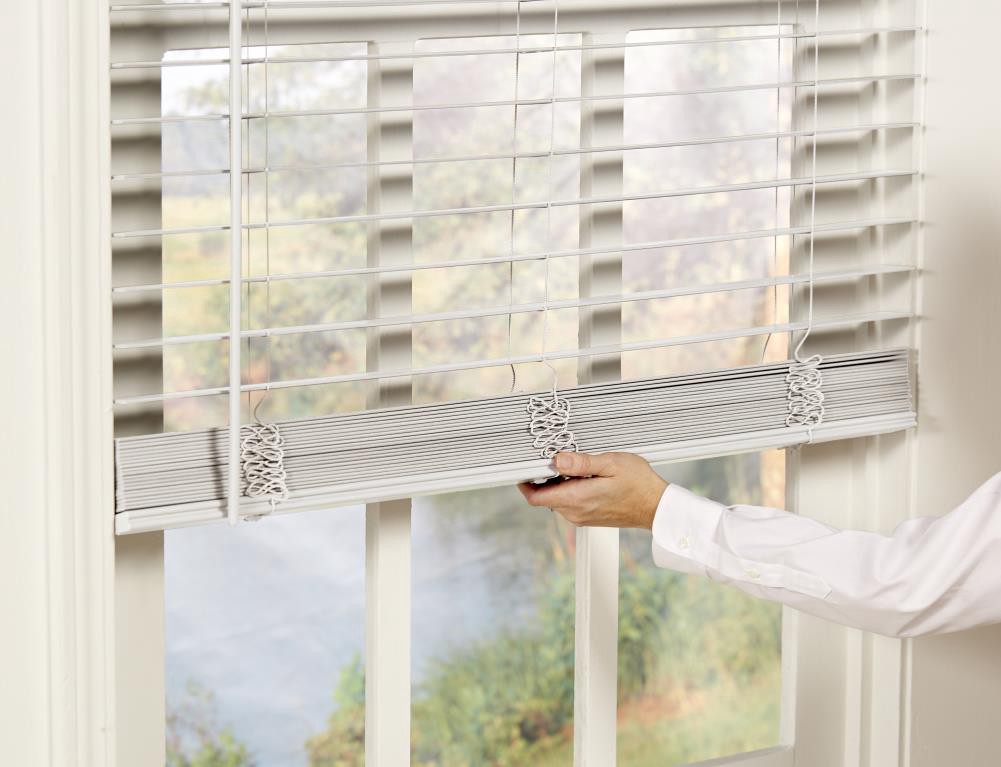 slide 5 of 6, allen + roth At Home 2-in Slat Width 9-in x 72-in Cordless White Faux Wood Room Darkening Horizontal Blinds, 1 ct