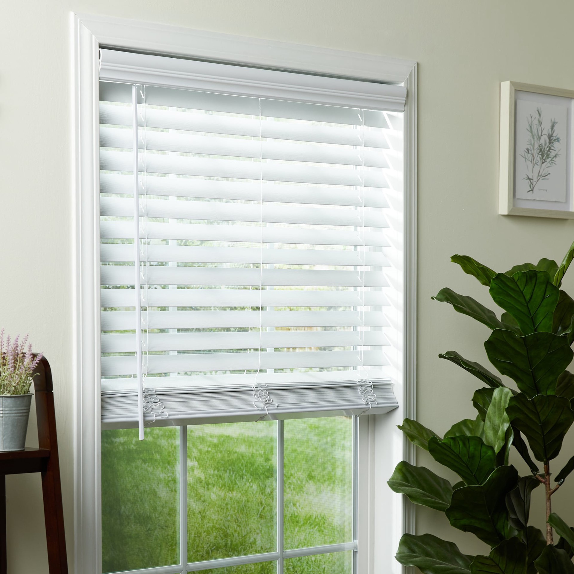 slide 2 of 6, allen + roth Trim at Home 2-in Slat Width 27-in x 64-in Cordless White Faux Wood Room Darkening Horizontal Blinds, 1 ct