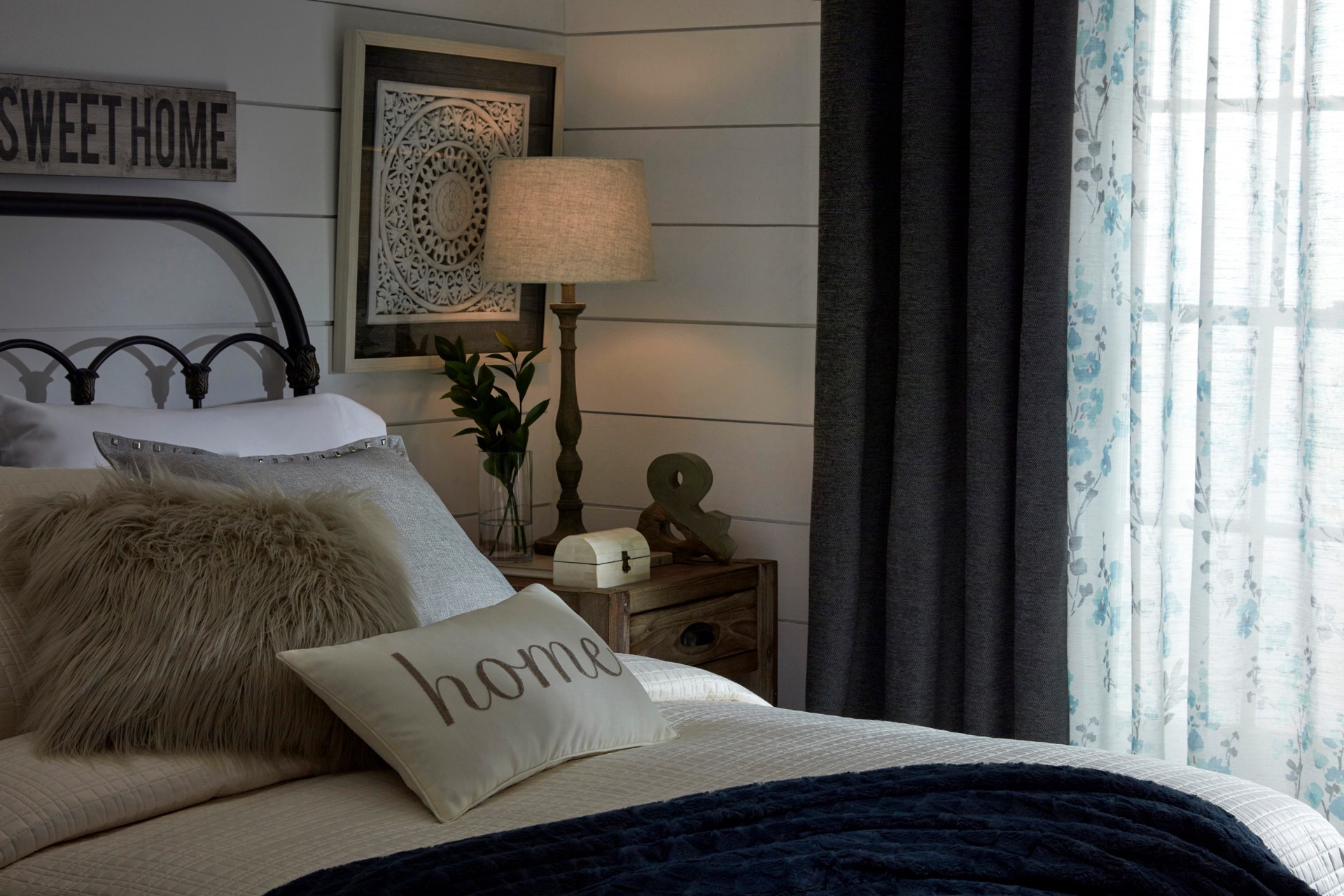 slide 2 of 6, allen + roth 84-in Blue Floral Semi-sheer Grommet Single curtain panel, 1 ct