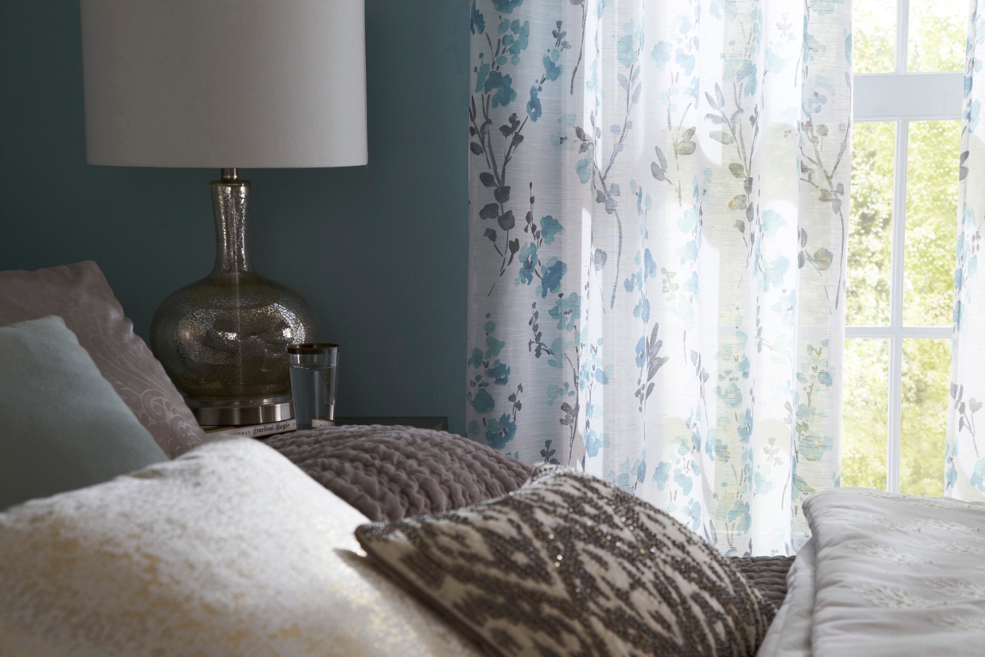 slide 3 of 6, allen + roth 84-in Blue Floral Semi-sheer Grommet Single curtain panel, 1 ct