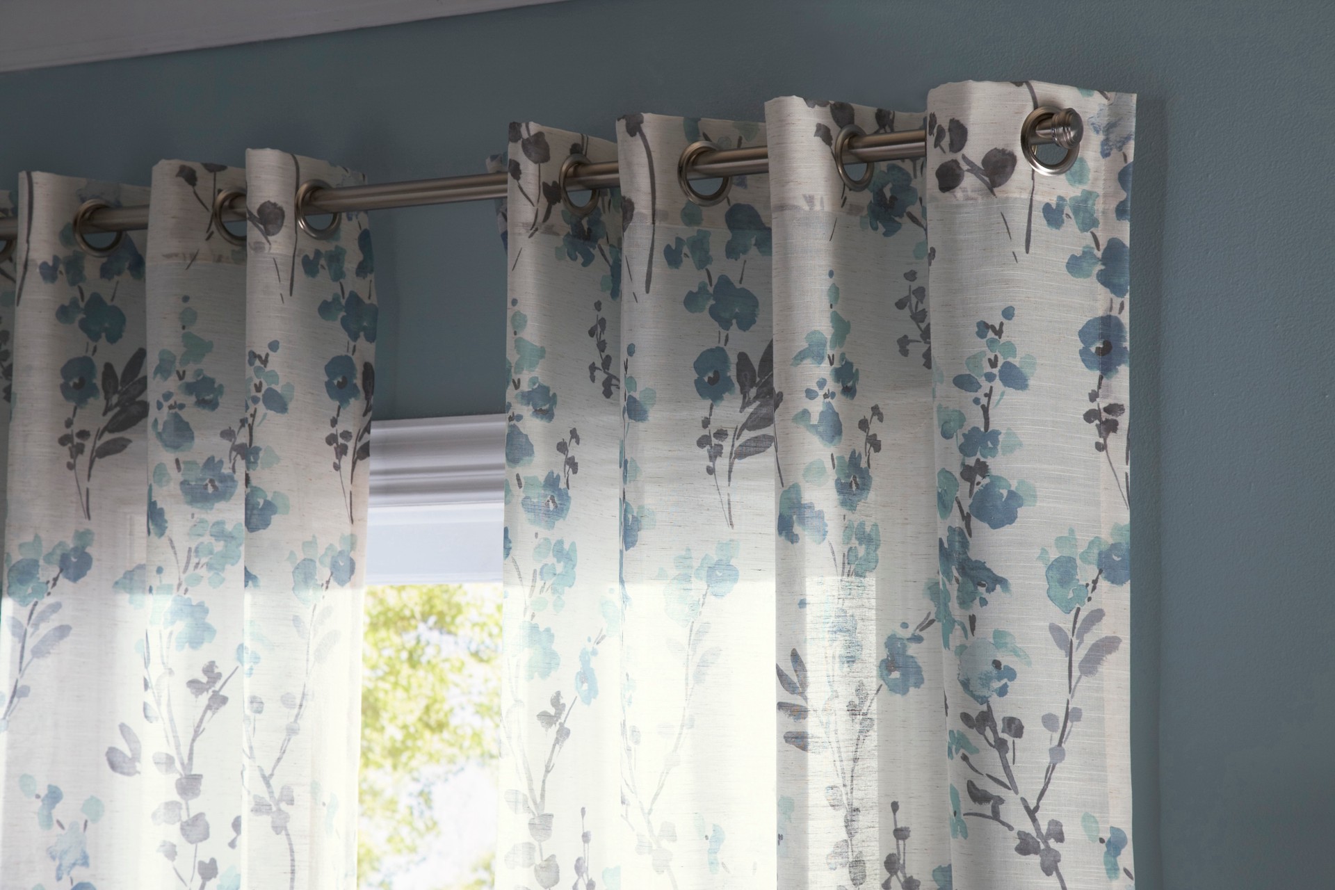 slide 4 of 6, allen + roth 84-in Blue Floral Semi-sheer Grommet Single curtain panel, 1 ct
