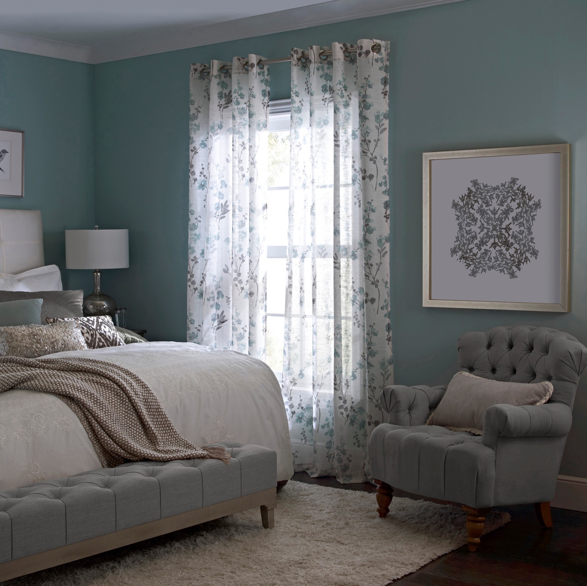 slide 1 of 6, allen + roth 84-in Blue Floral Semi-sheer Grommet Single curtain panel, 1 ct