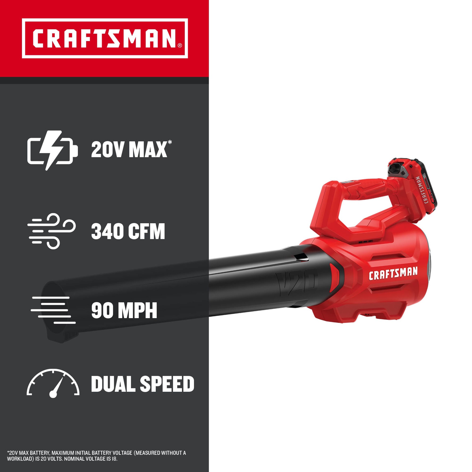 slide 4 of 6, CRAFTSMAN 20-volt 340-CFM 90-MPH Battery Handheld Leaf Blower 2 Ah, 1 ct