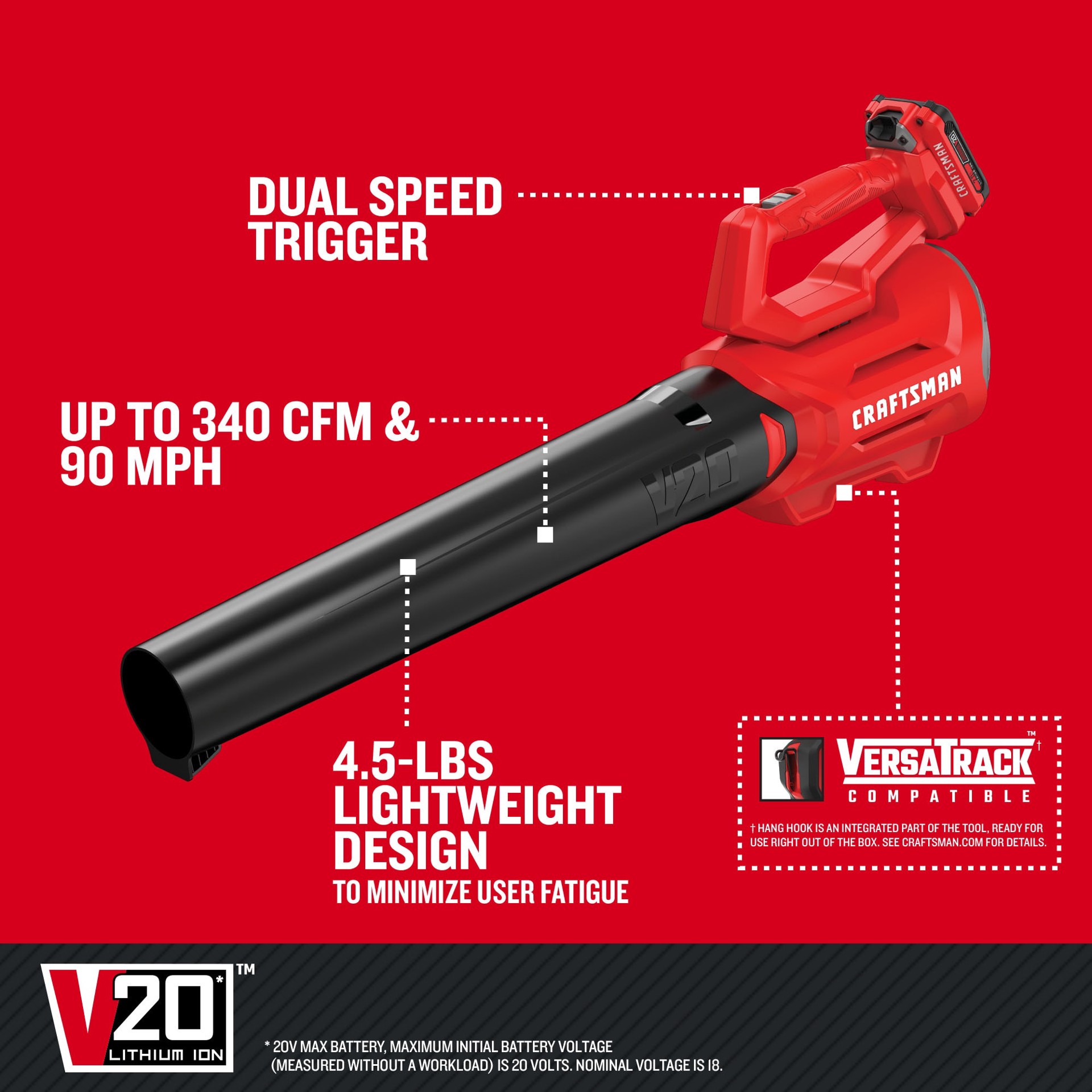 slide 3 of 6, CRAFTSMAN 20-volt 340-CFM 90-MPH Battery Handheld Leaf Blower 2 Ah, 1 ct