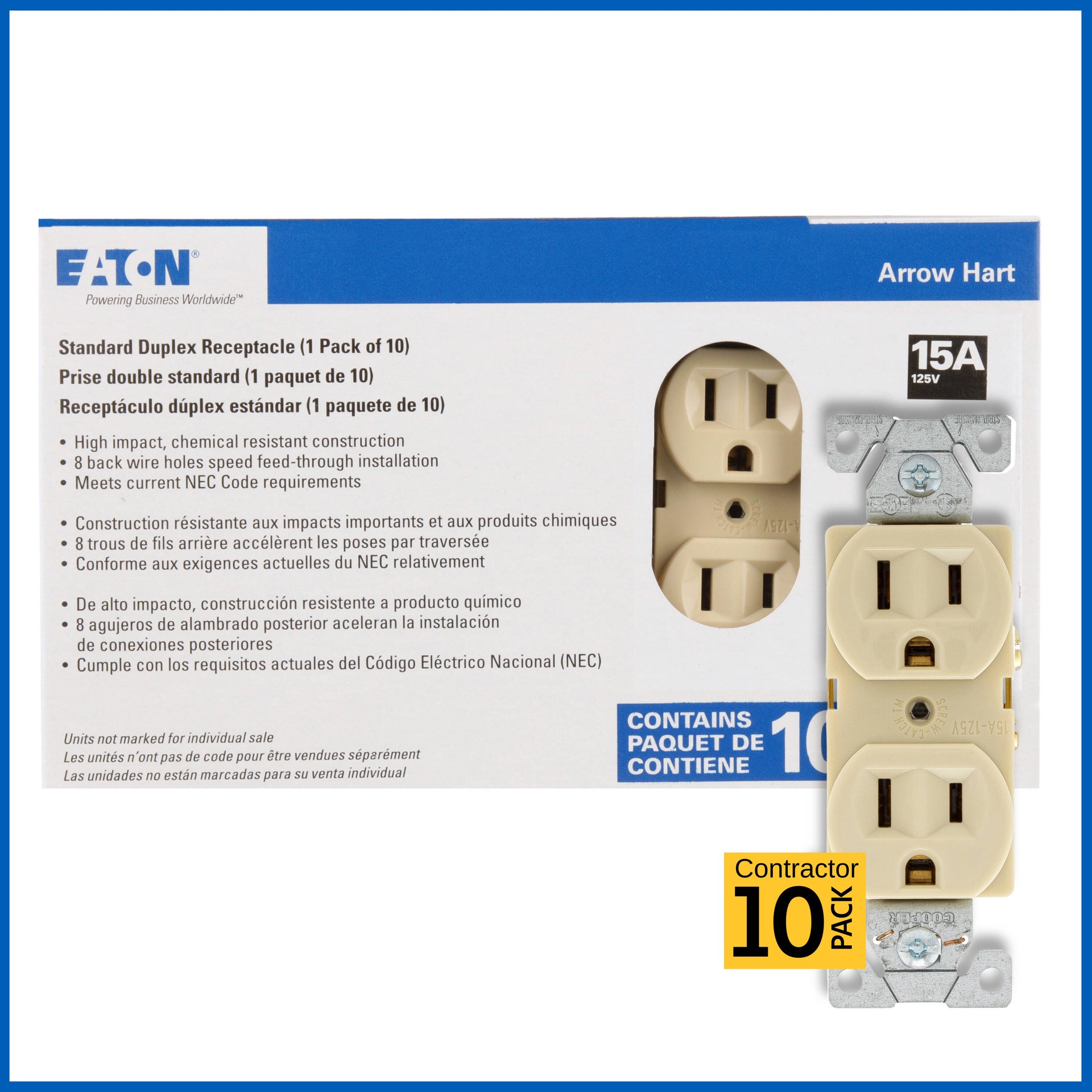 slide 1 of 6, Eaton 15 -Amp 125-volt Commercial Duplex Outlet , Ivory 10 -Pack, 1 ct