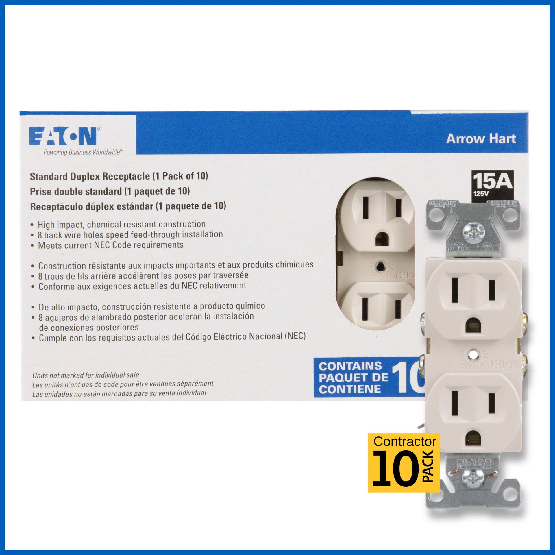 slide 1 of 6, Eaton 15 -Amp 125-volt Commercial Duplex Outlet , Light almond 10 -Pack, 1 ct