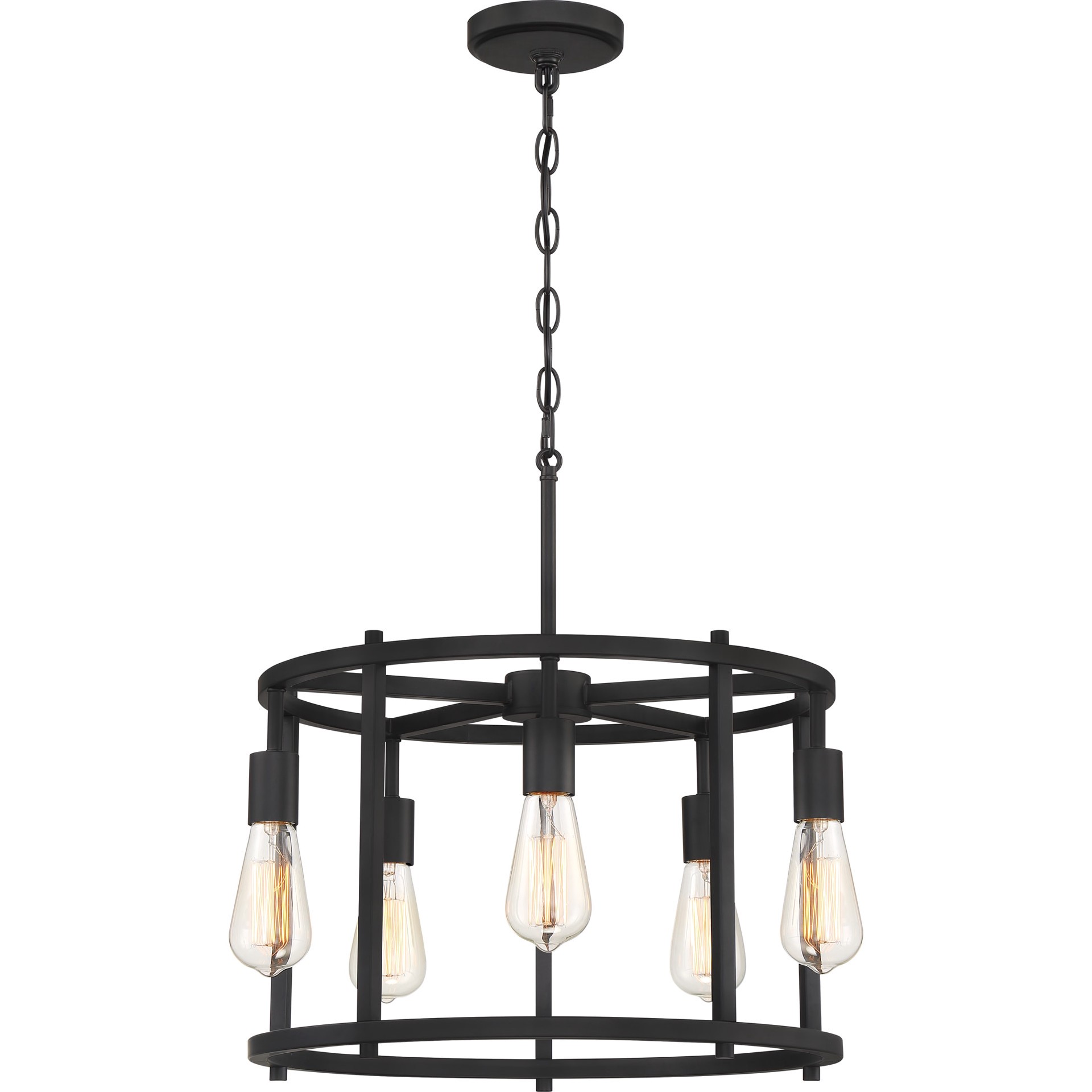 slide 1 of 6, Quoizel Wolfeboro 5 -Light Matte black Industrial Drum Medium Hanging Pendant light, 1 ct