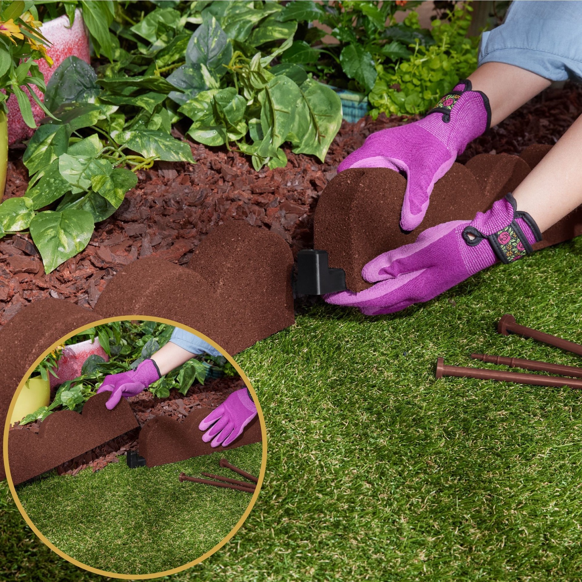 slide 3 of 6, Rubberific 4-ft x 4-in SmartLoc Scallop Red Rubber Landscape edging section with stakes, 1 ct