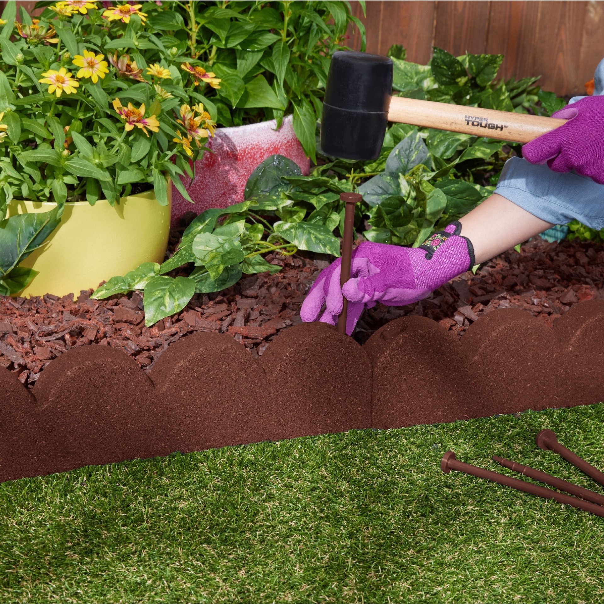 slide 4 of 6, Rubberific 4-ft x 4-in SmartLoc Scallop Red Rubber Landscape edging section with stakes, 1 ct