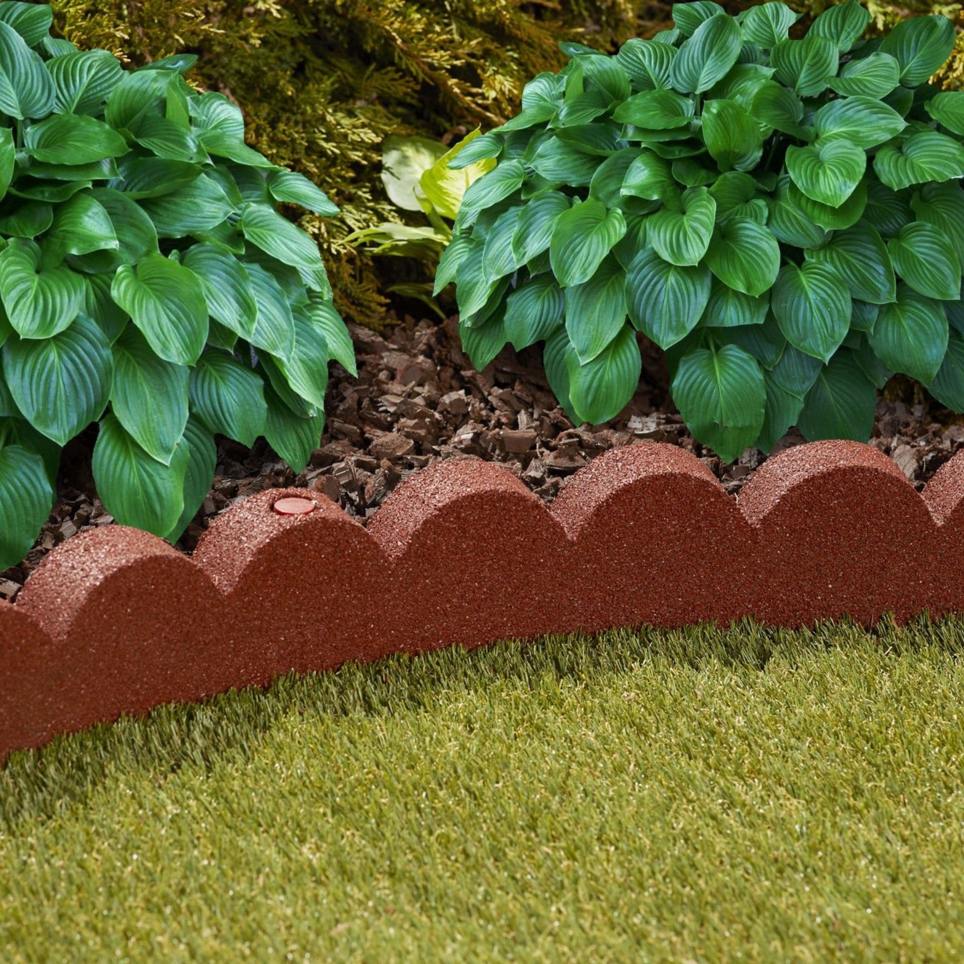 slide 6 of 6, Rubberific 4-ft x 4-in SmartLoc Scallop Red Rubber Landscape edging section with stakes, 1 ct