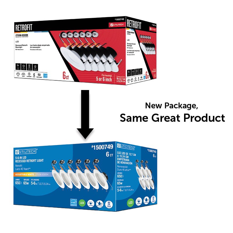 slide 2 of 3, Utilitech White 5-in or 6-in 650 -Lumens Switchable white Round Dimmable LED Wet rated Recessed Downlight 6 -Pack, 1 ct