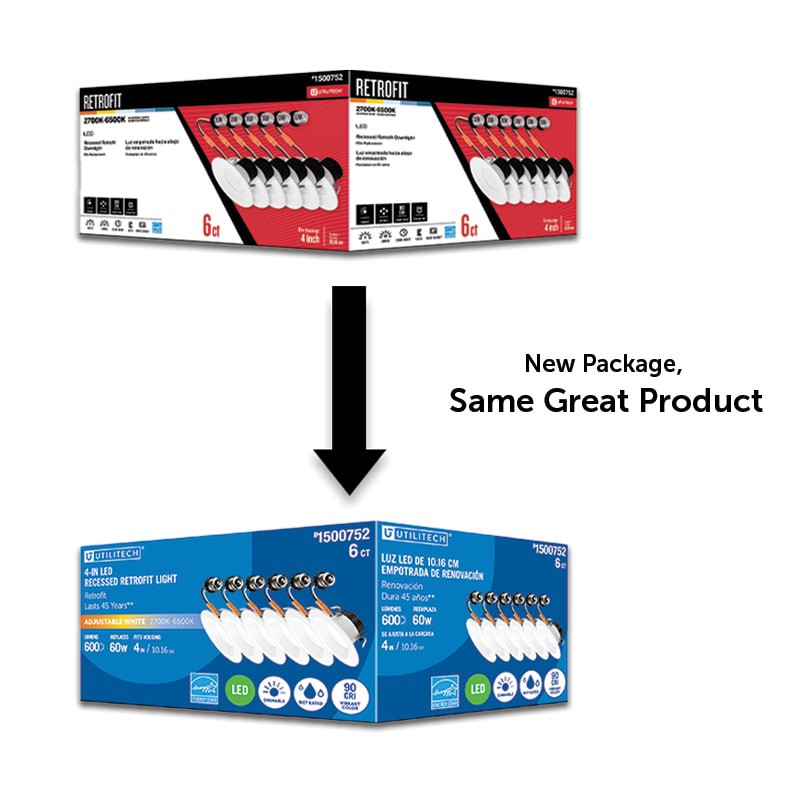 slide 2 of 6, Utilitech Color Changing White 4-in 600 -Lumens Switchable Round Dimmable LED Wet rated Recessed Downlight 6 -Pack, 1 ct