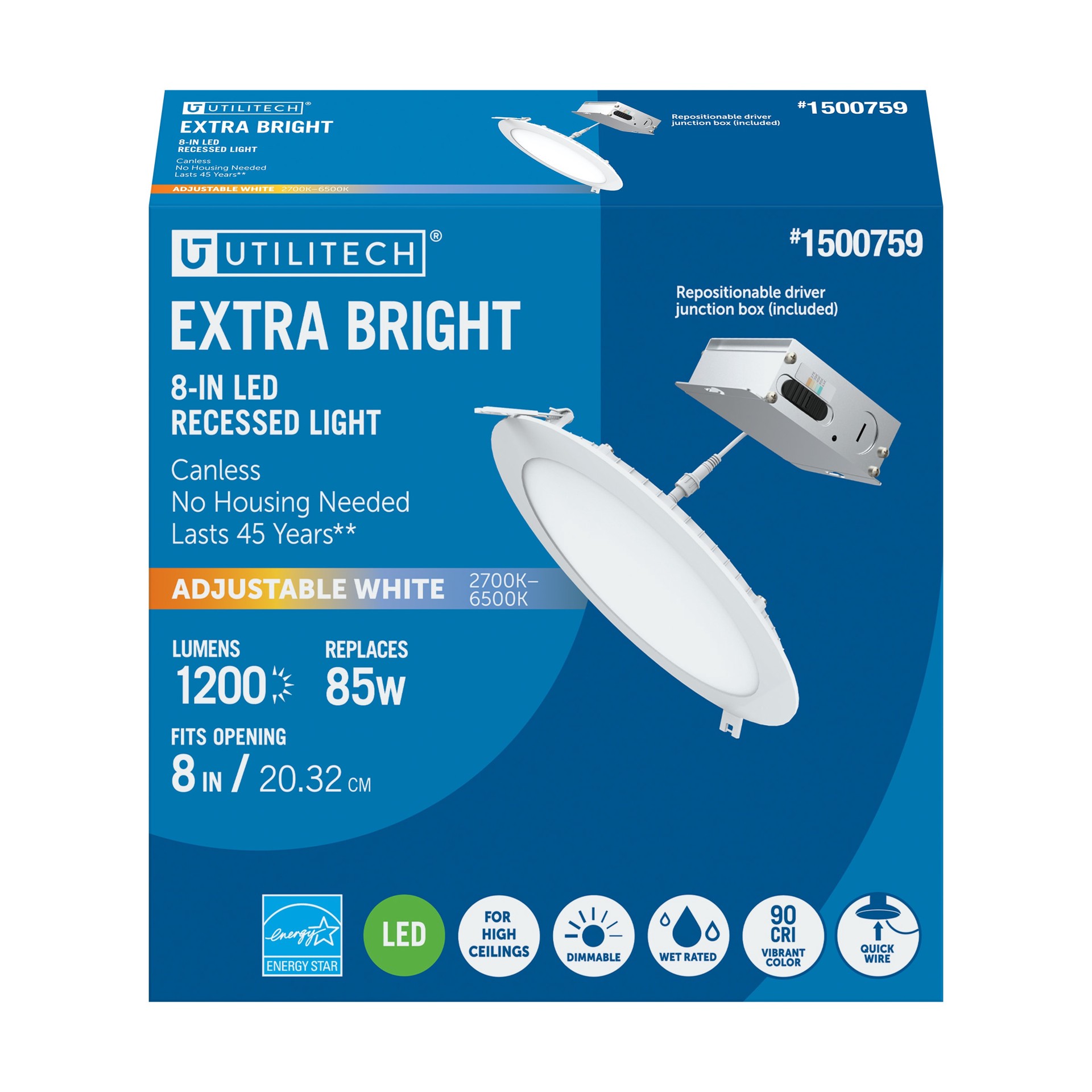 slide 2 of 6, Utilitech High Output Color Choice White 8-in 1200 -Lumens Switchable white Round Dimmable LED Canless Damp rated Recessed Downlight, 1 ct