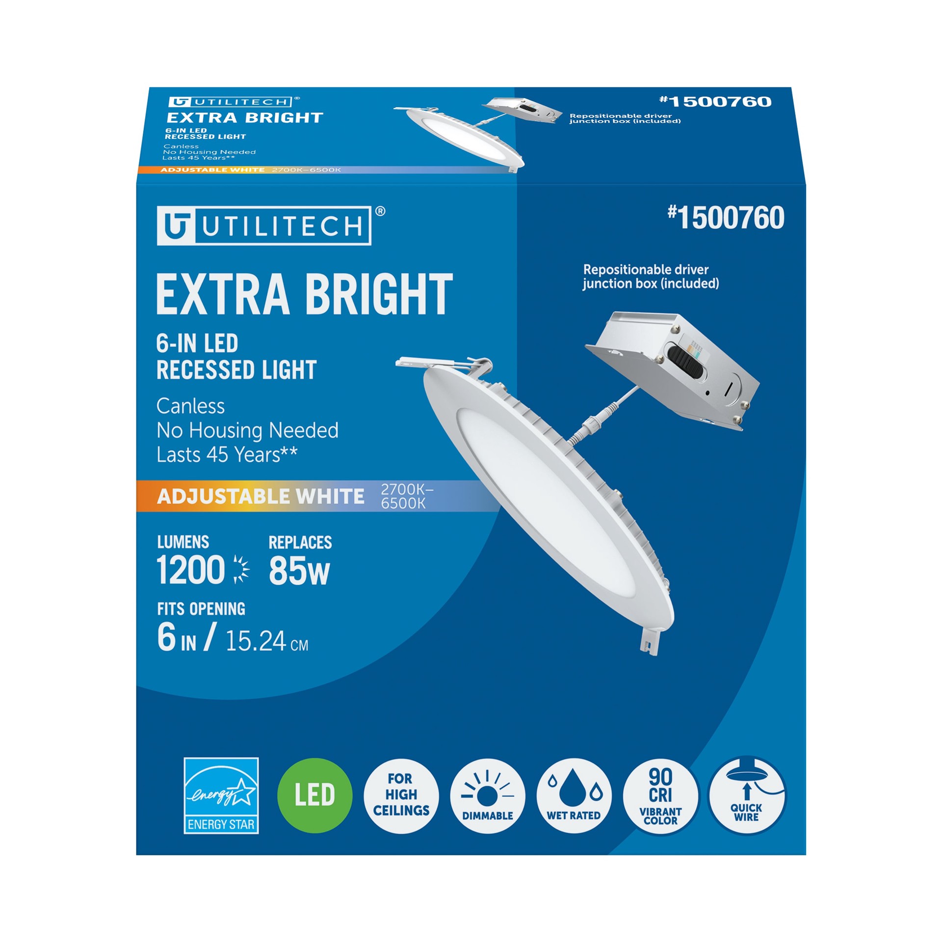 slide 3 of 6, Utilitech High Output Color Choice White 5-in or 6-in 1200 -Lumens Switchable white Round Dimmable LED Canless Damp rated Recessed Downlight, 1 ct