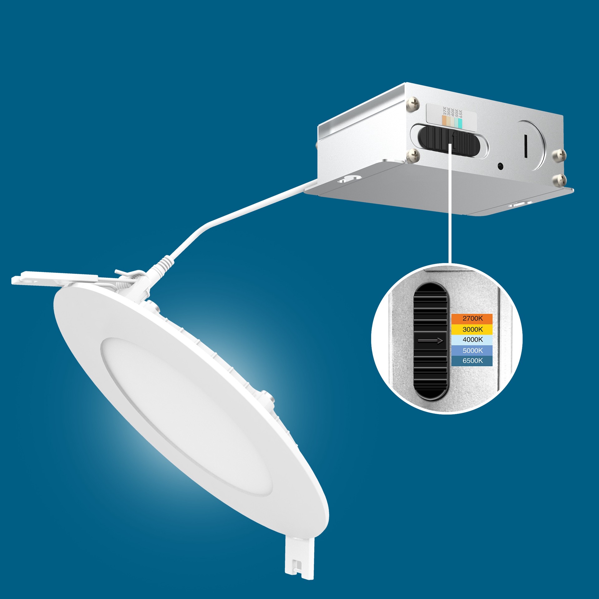 slide 5 of 6, Utilitech High Output Color Choice White 4-in 750 -Lumens Switchable white Round Dimmable LED Canless Damp rated Recessed Downlight, 1 ct