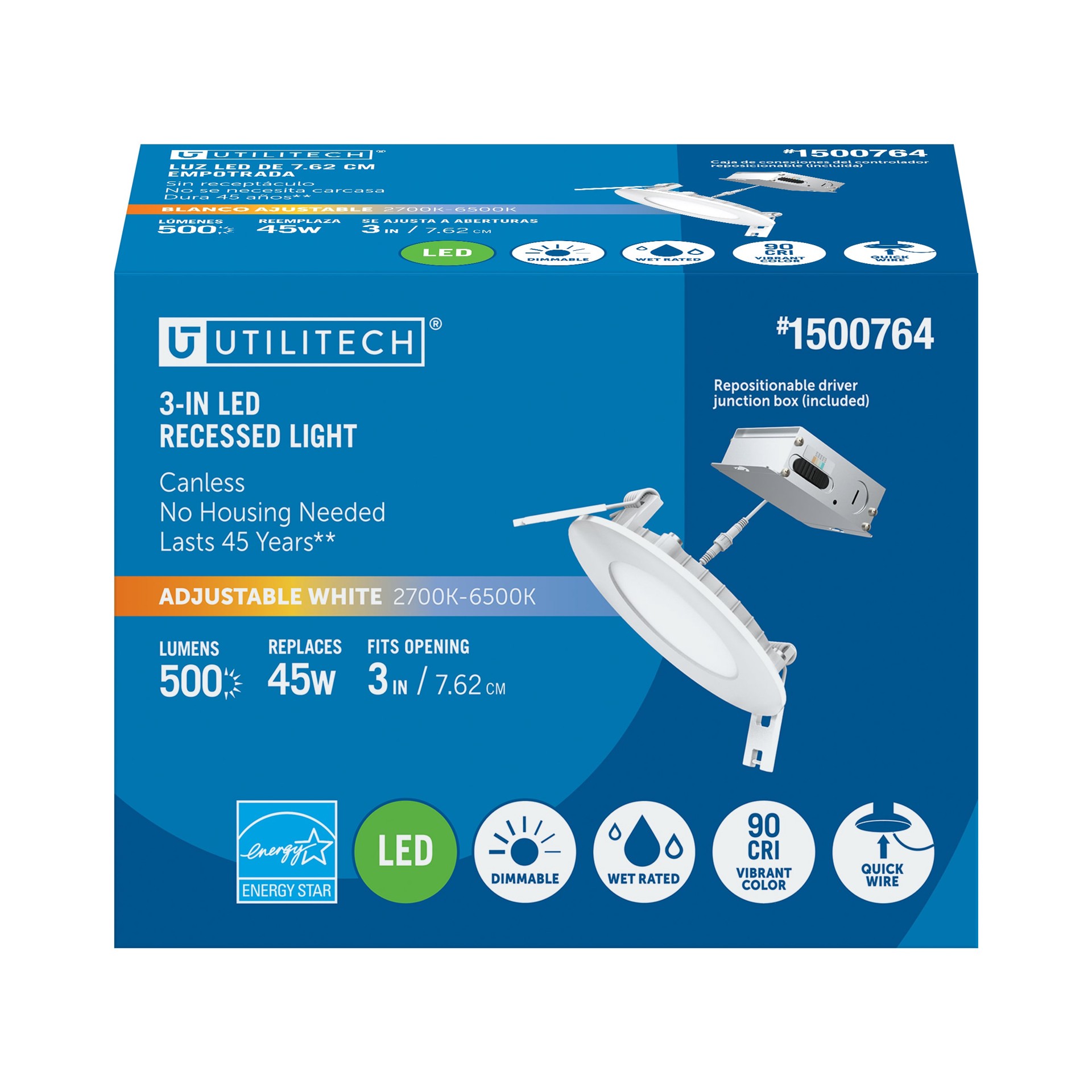 slide 3 of 6, Utilitech Color Choice White 3-in 500 -Lumens Switchable white Round Dimmable LED Canless Damp rated Recessed Downlight, 1 ct